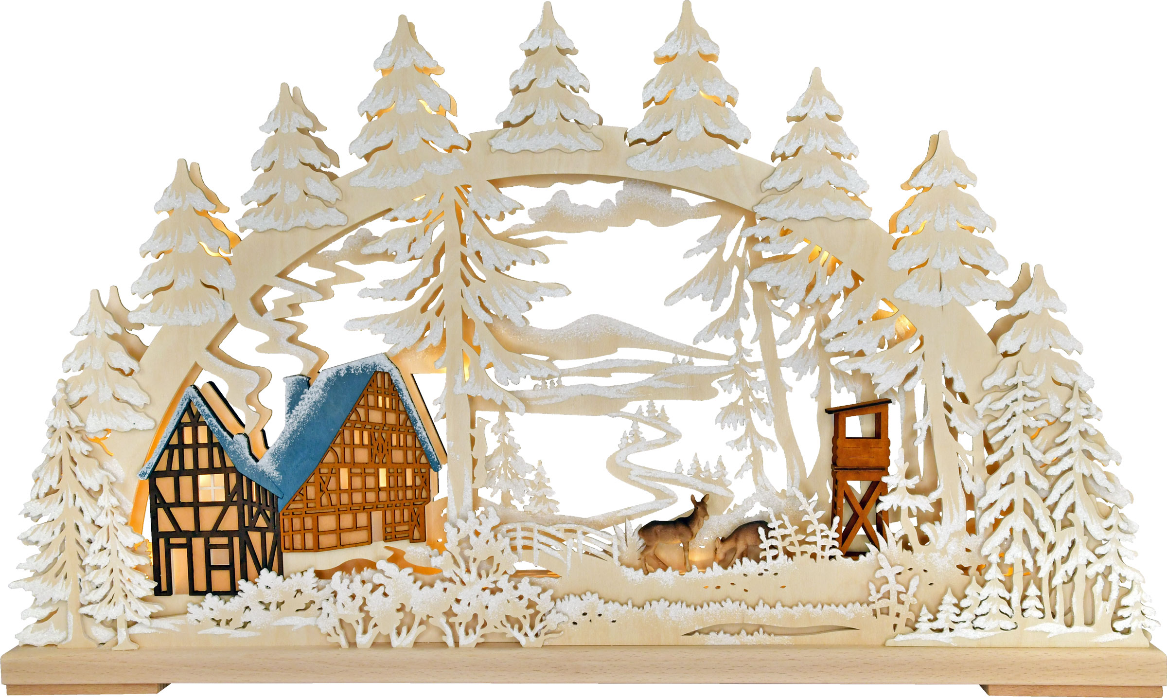 3Dシュヴィッボーゲン（大）、ヴァルデスルー、霜、2棟の半木造家屋、高台、2頭の鹿