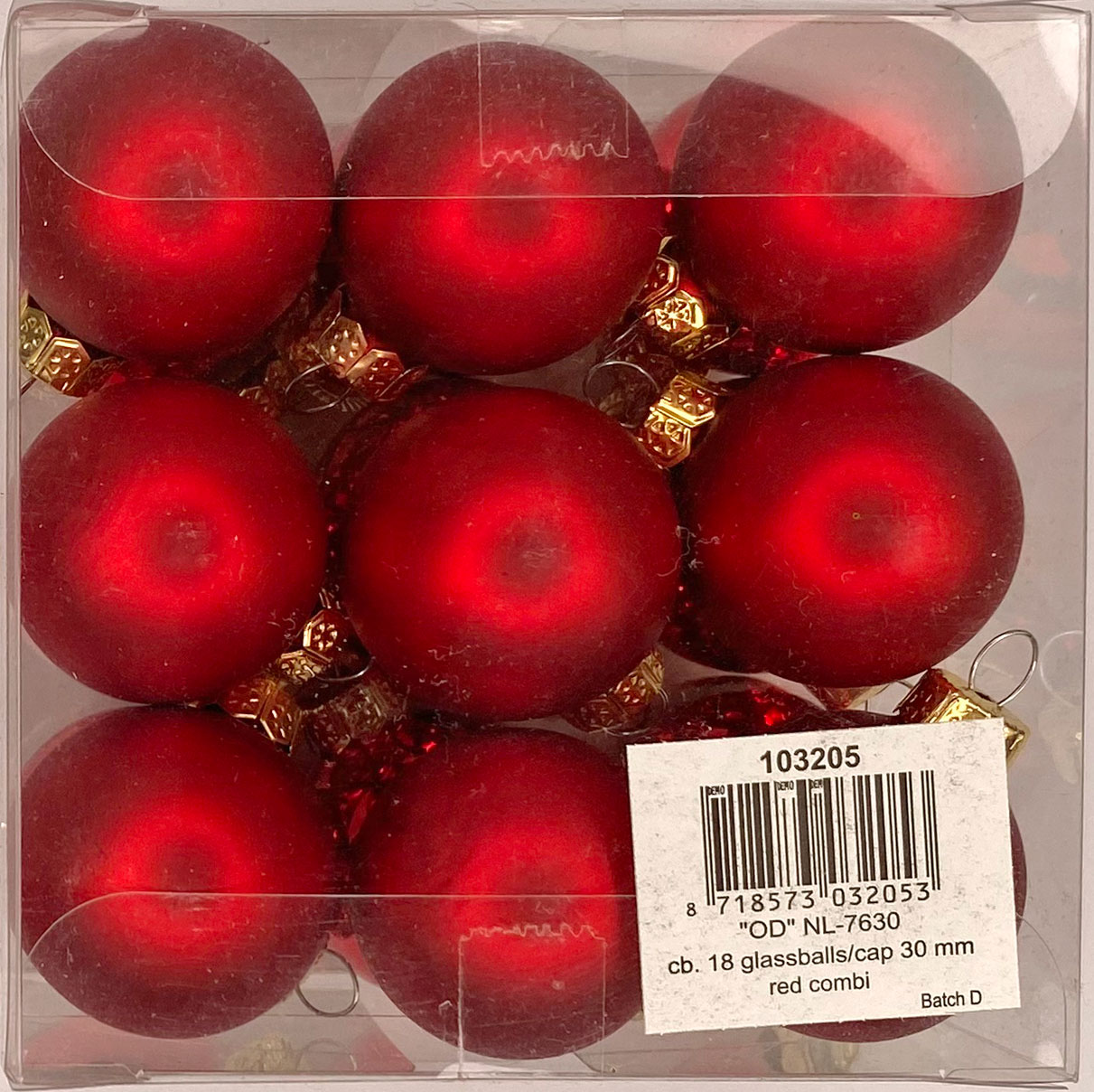 cb. 18 glassballs/cap, 3 cm red combi
