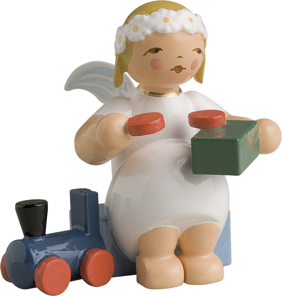 Margeritenengel, sitzend, mit Eisenbahn