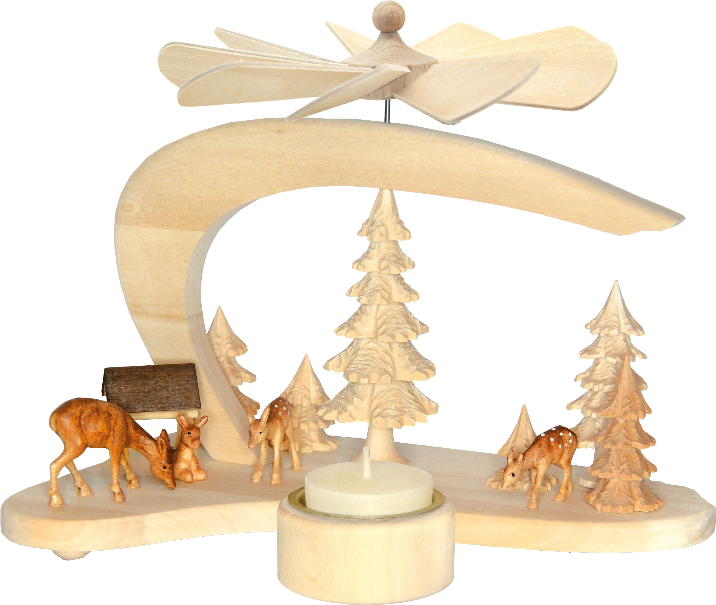 Massivholzpyramide, Rehfamilie, modern, Teelichthalter Massivholzpyramide, Rehfamilie, modern, Teelichthalter