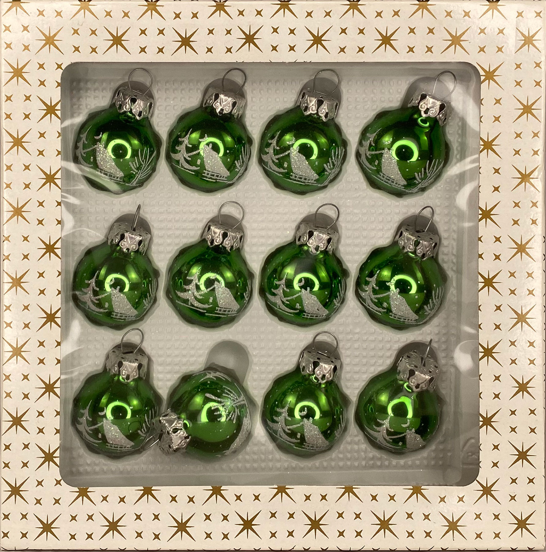 Glaskulor,  gröna hus, 12 st, 3 cm