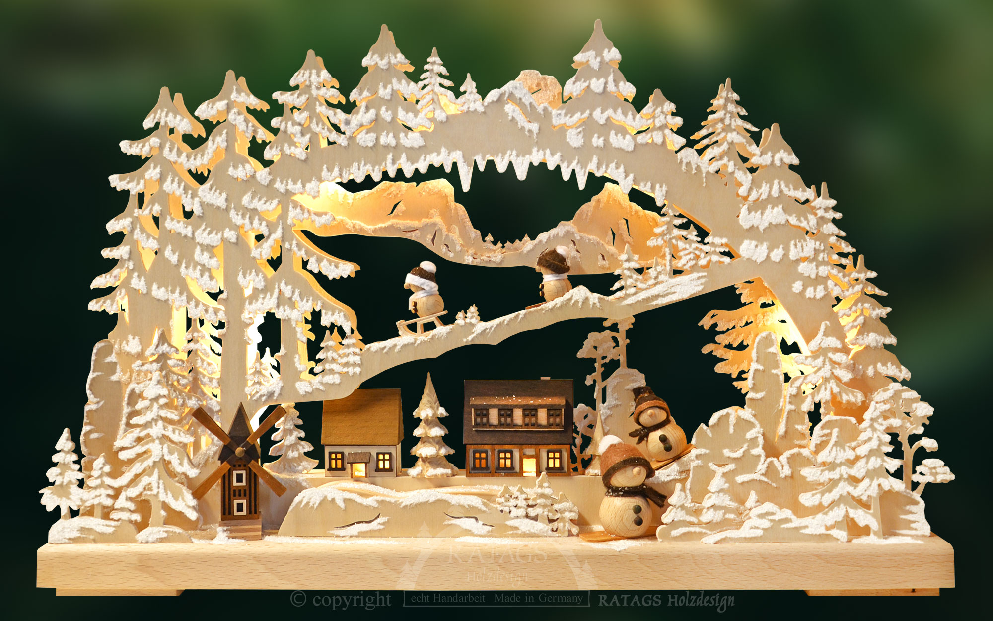 3D-Schwibbogen klein, Winterdorf Raureif, Schneemänner natur