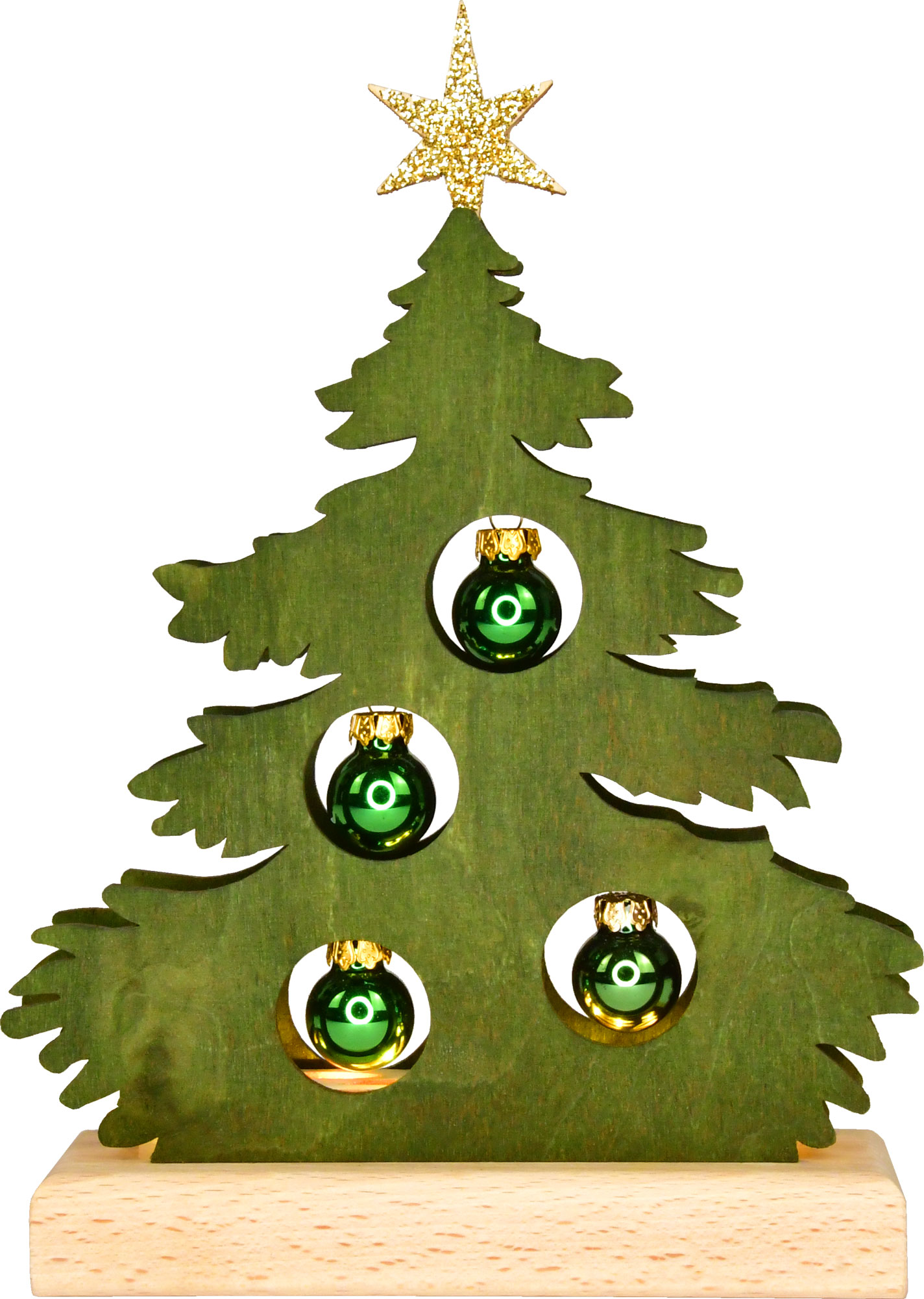 Mini fir tree, stained green, green baubles, half USB