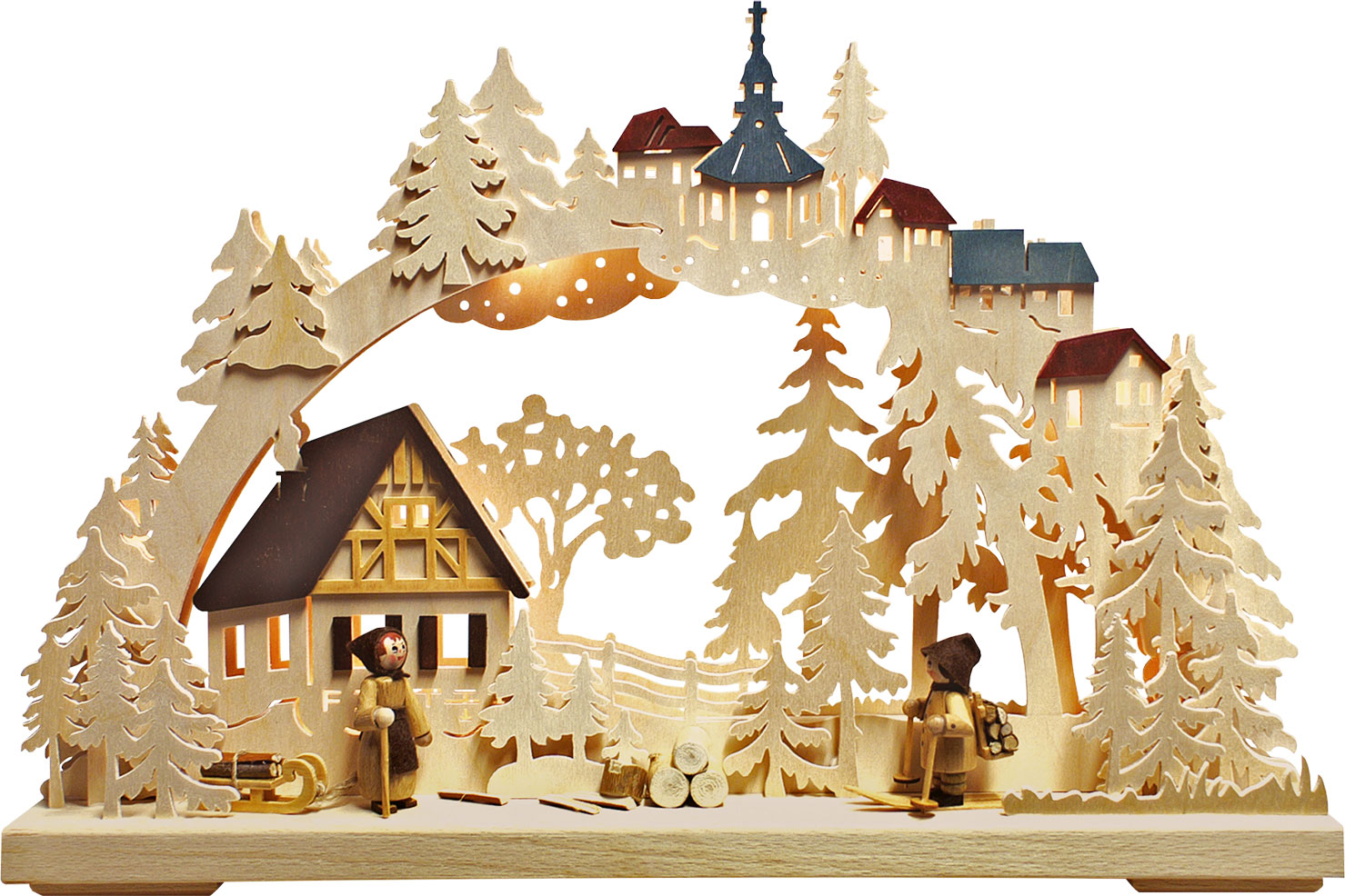 3D-Schwibbogen klein, Holzsammler, farbige Dächer