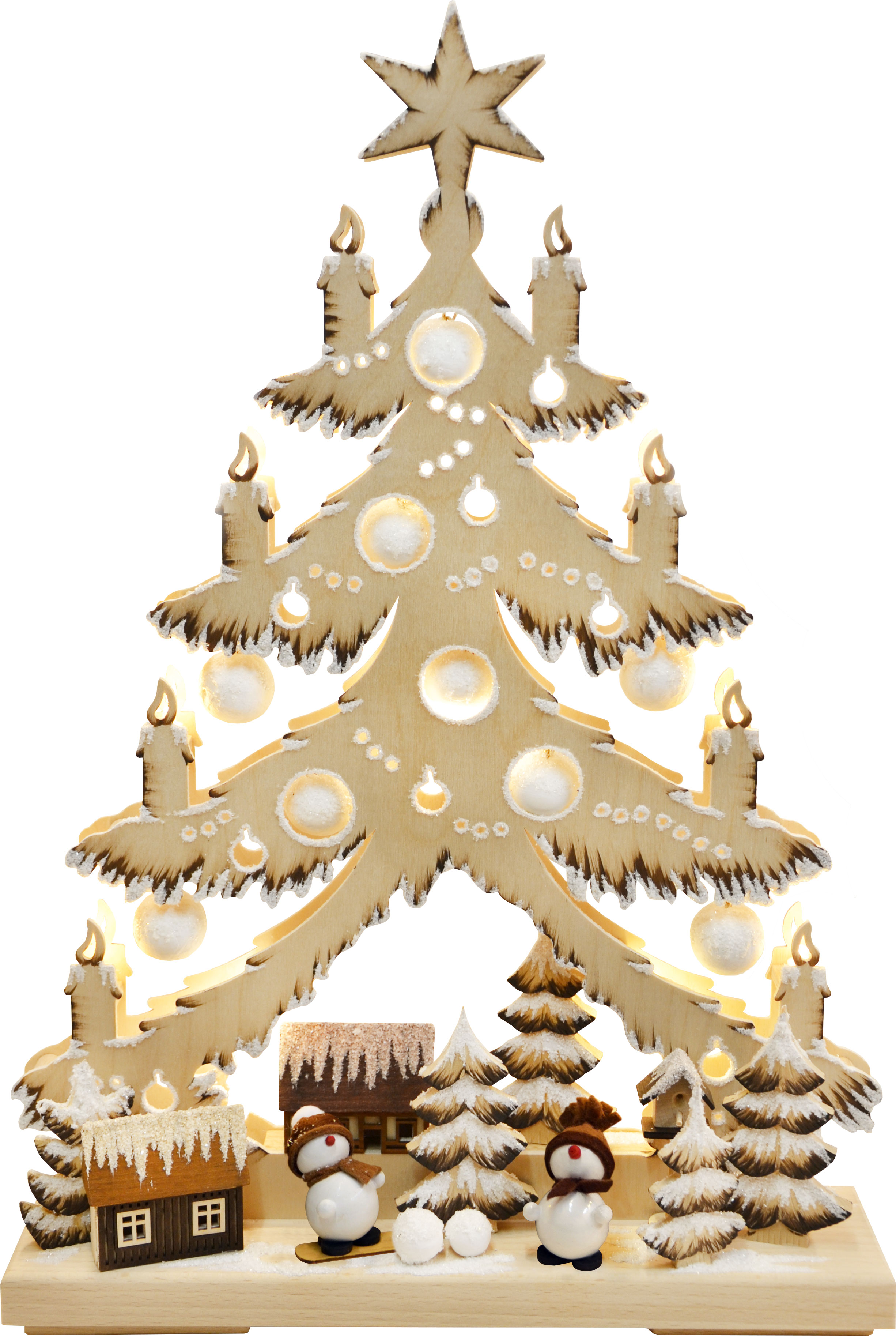 Small fir tree, cones, snowmen, brown shaded, hoarfrost