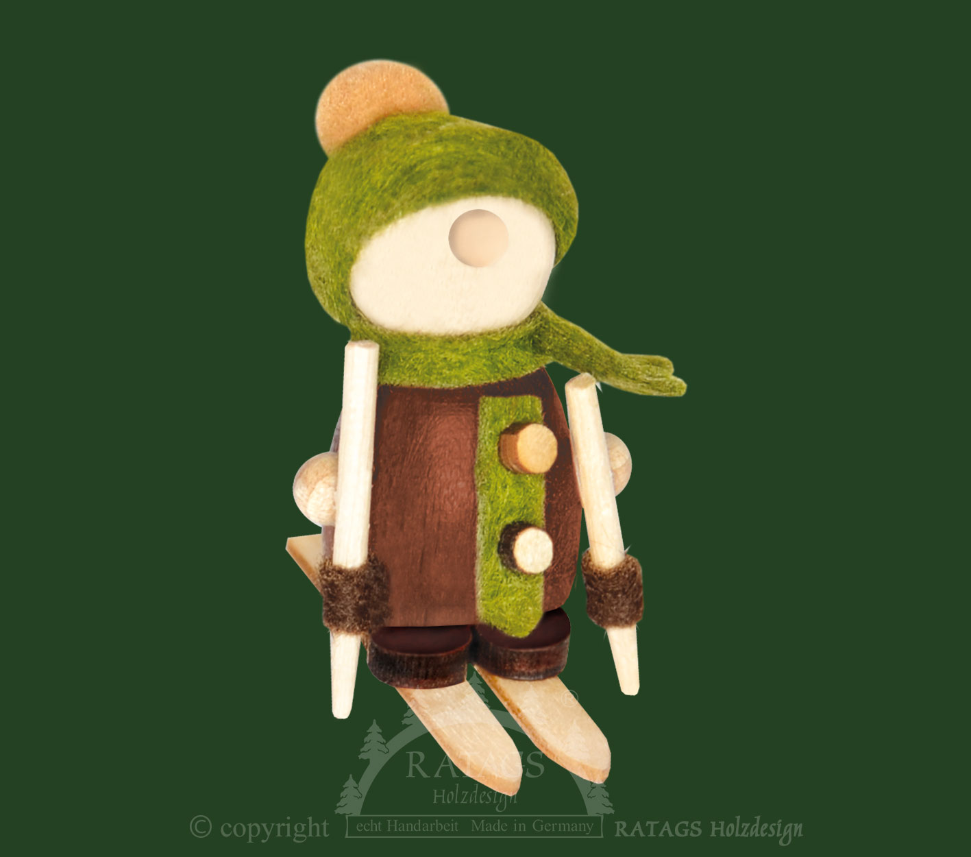 Mini Molli on skis, brown/green