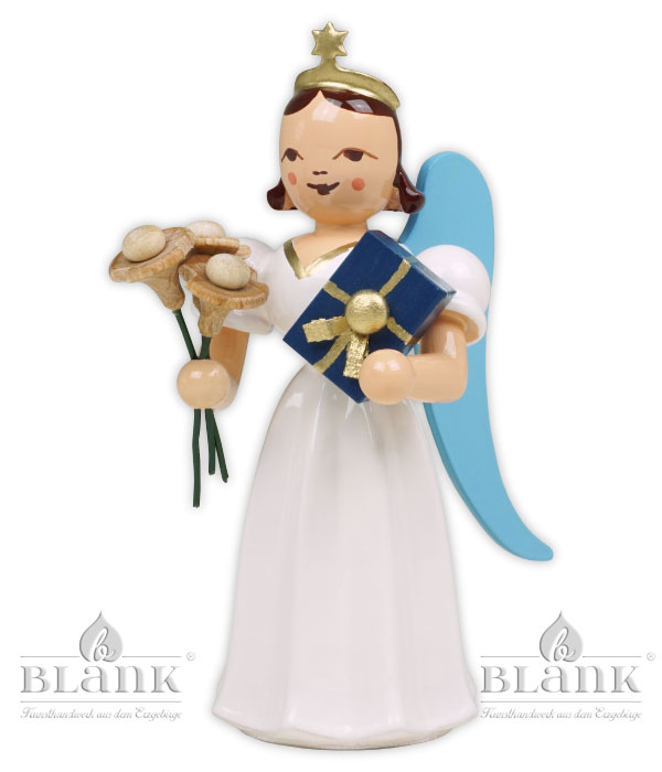 Flower greeting long-skirted angel, coloured