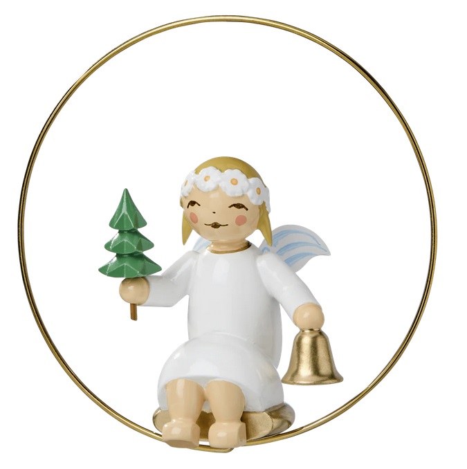 Engel im Ring mit Bäumchen, Glocke, Glasglocke, gold