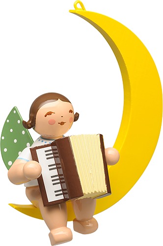 Engel mit Akkordeon, im Mond dunkles Haar