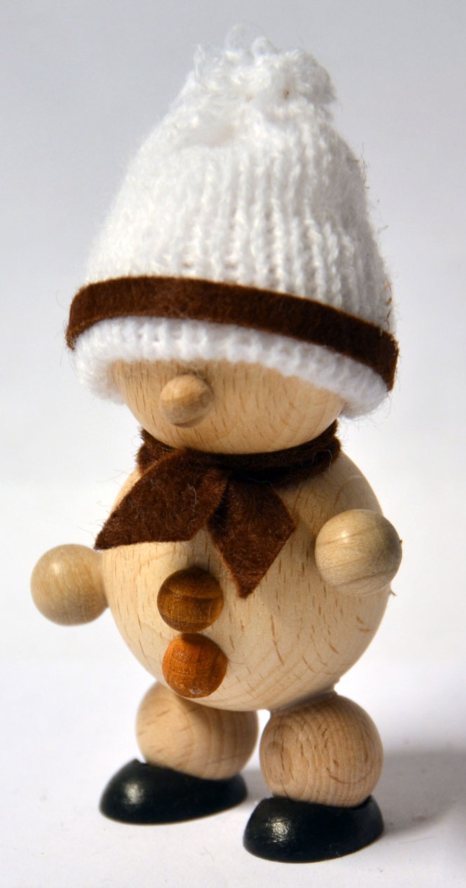 Snowman, natural white hat, brown scarf, 8.5 cm