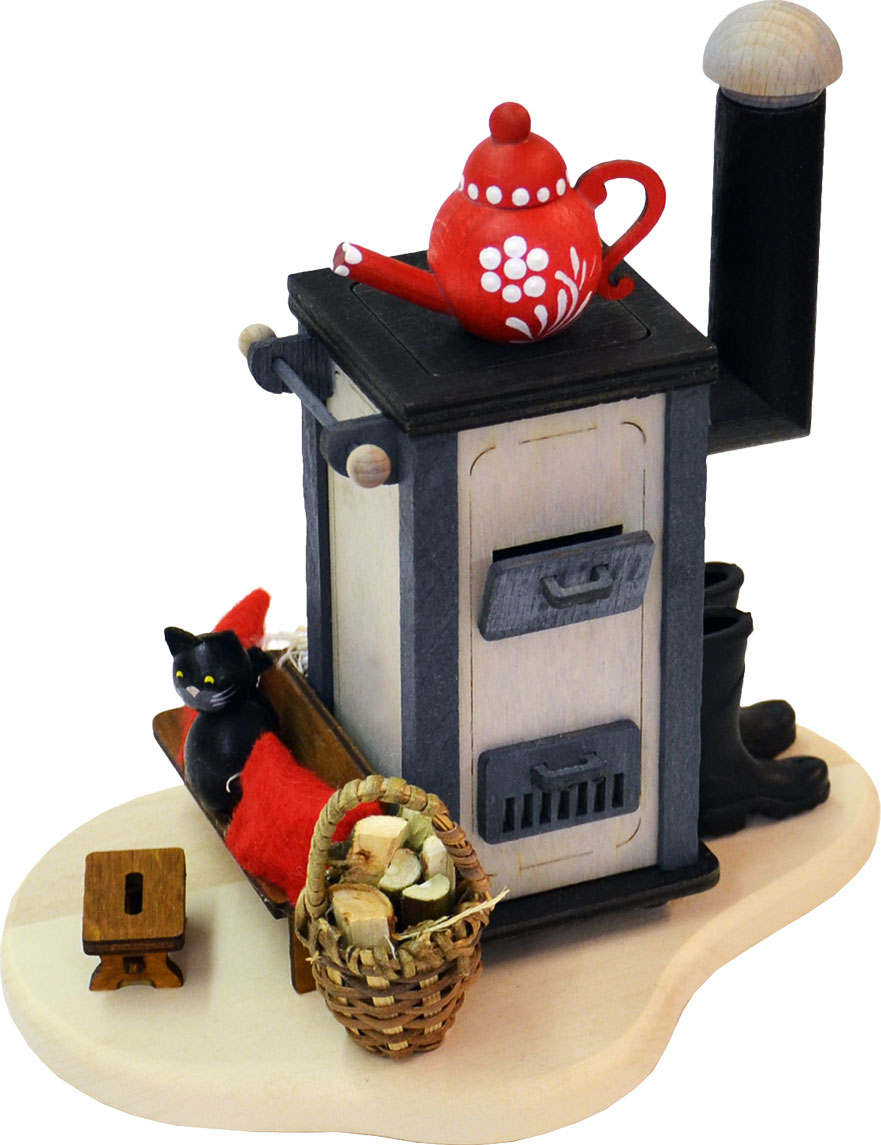 Incense house, kitchen stove, red coffee pot, cat on stove bench