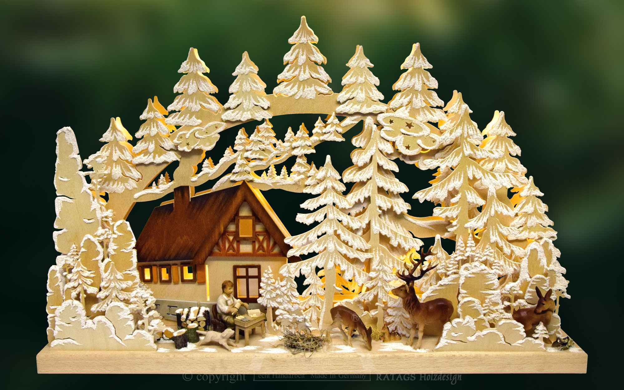 3D-Schwibbogen střední velikost, horská chata, řezbář, jinovatka