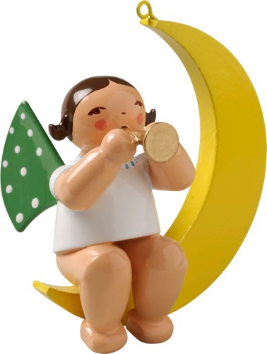 Engel mit Flöte, im Mond dunkles Haar