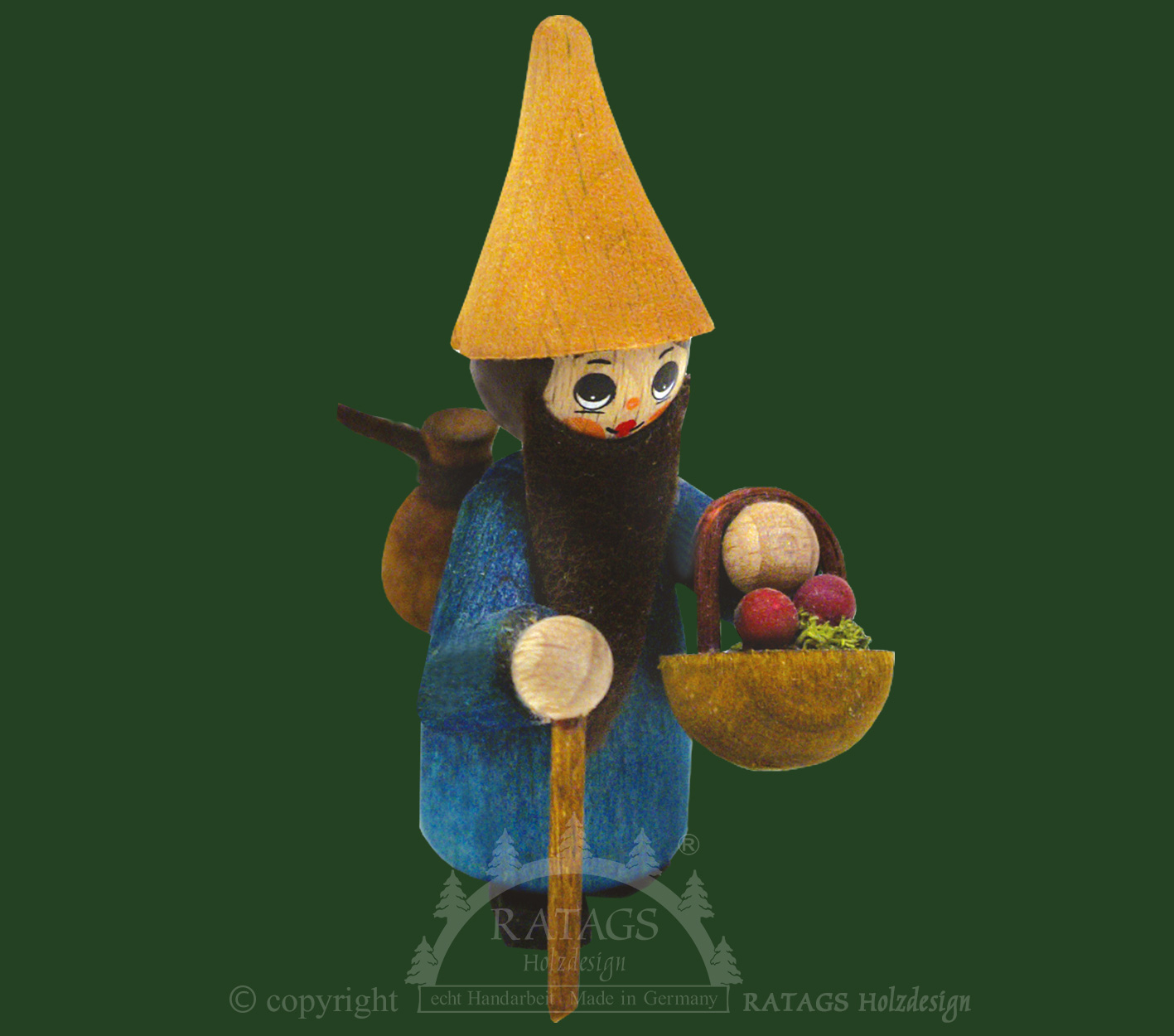 Figur, dværg med rygsæk, kurv, stok, blå