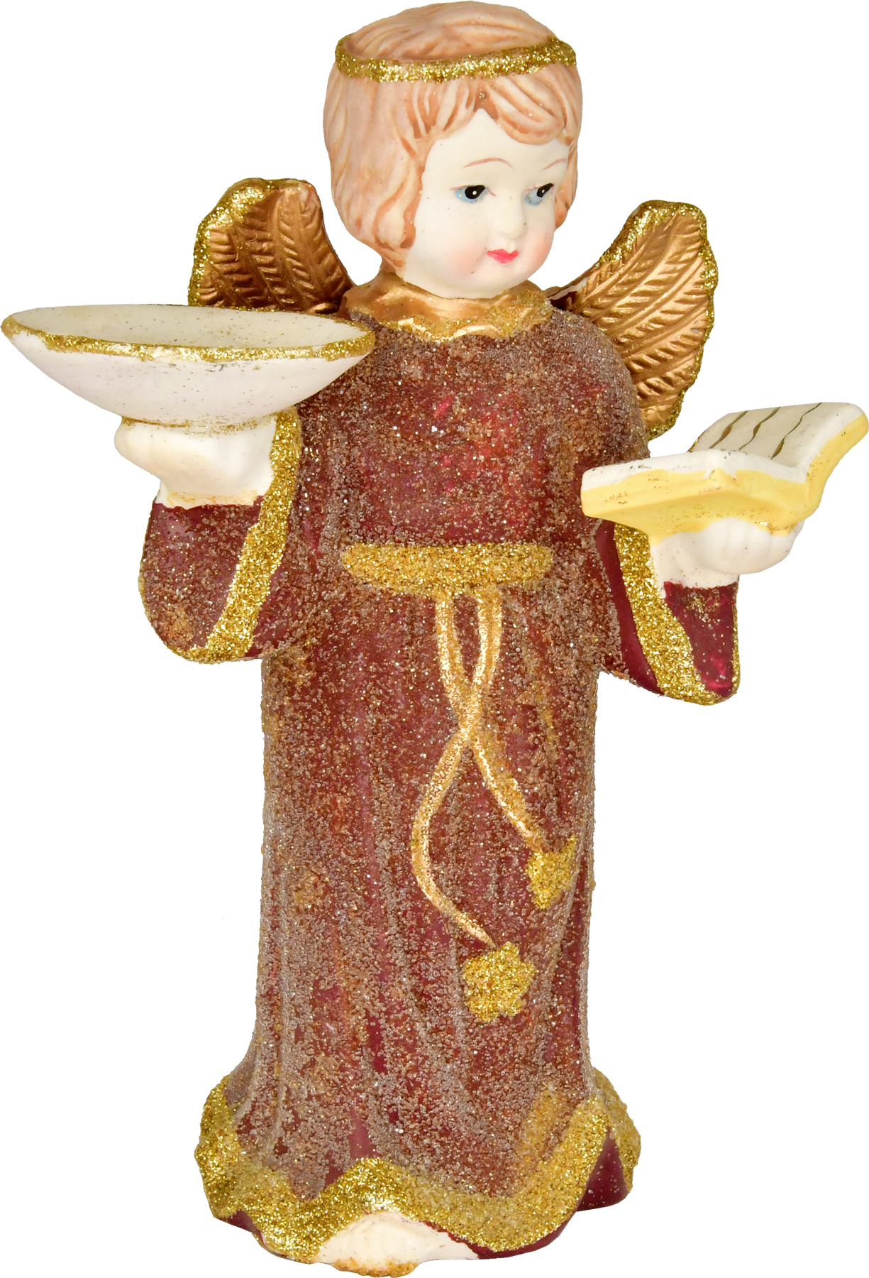Ceramic angel, standing with book and bowl, wine red/gold, glitter