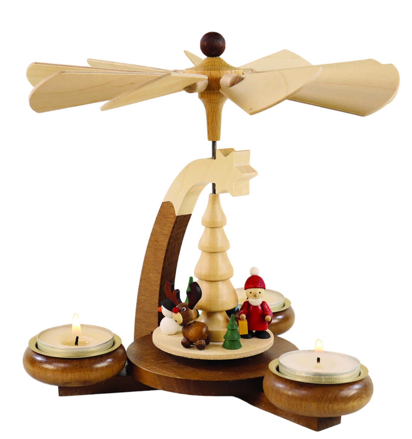 Designer tea light pyramid, brown/natural with Christmas motif, for 3 tea lights, height 19 cm