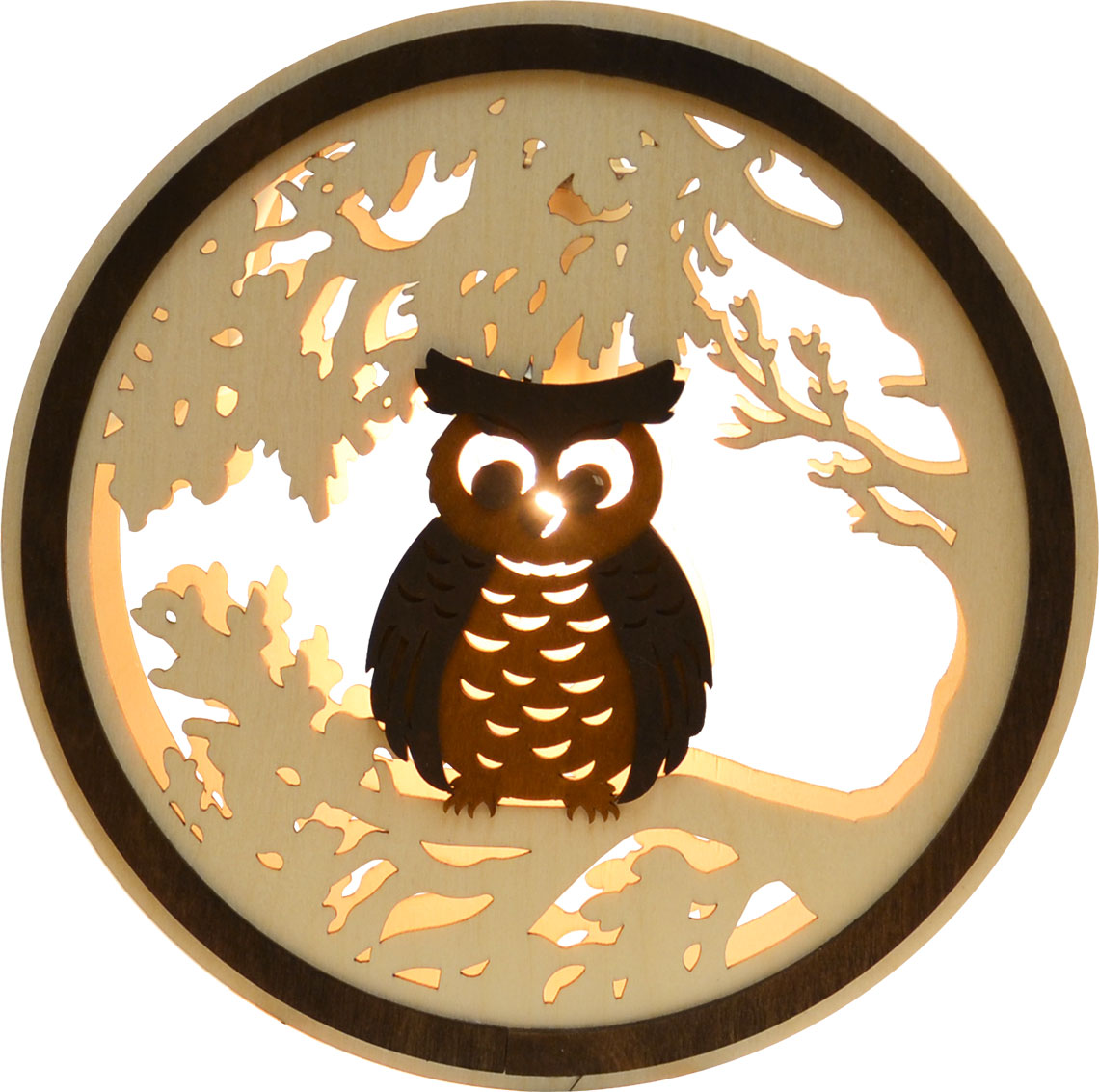 Window picture, illuminated, owl, brown-natural, round