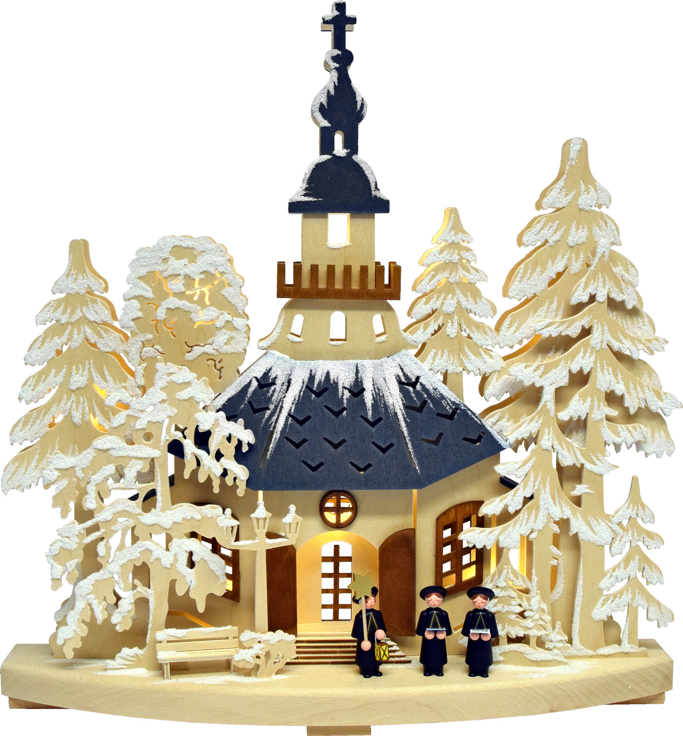 Small Schwibbogen, church service in Seiffen, coloured roofs, hoarfrost