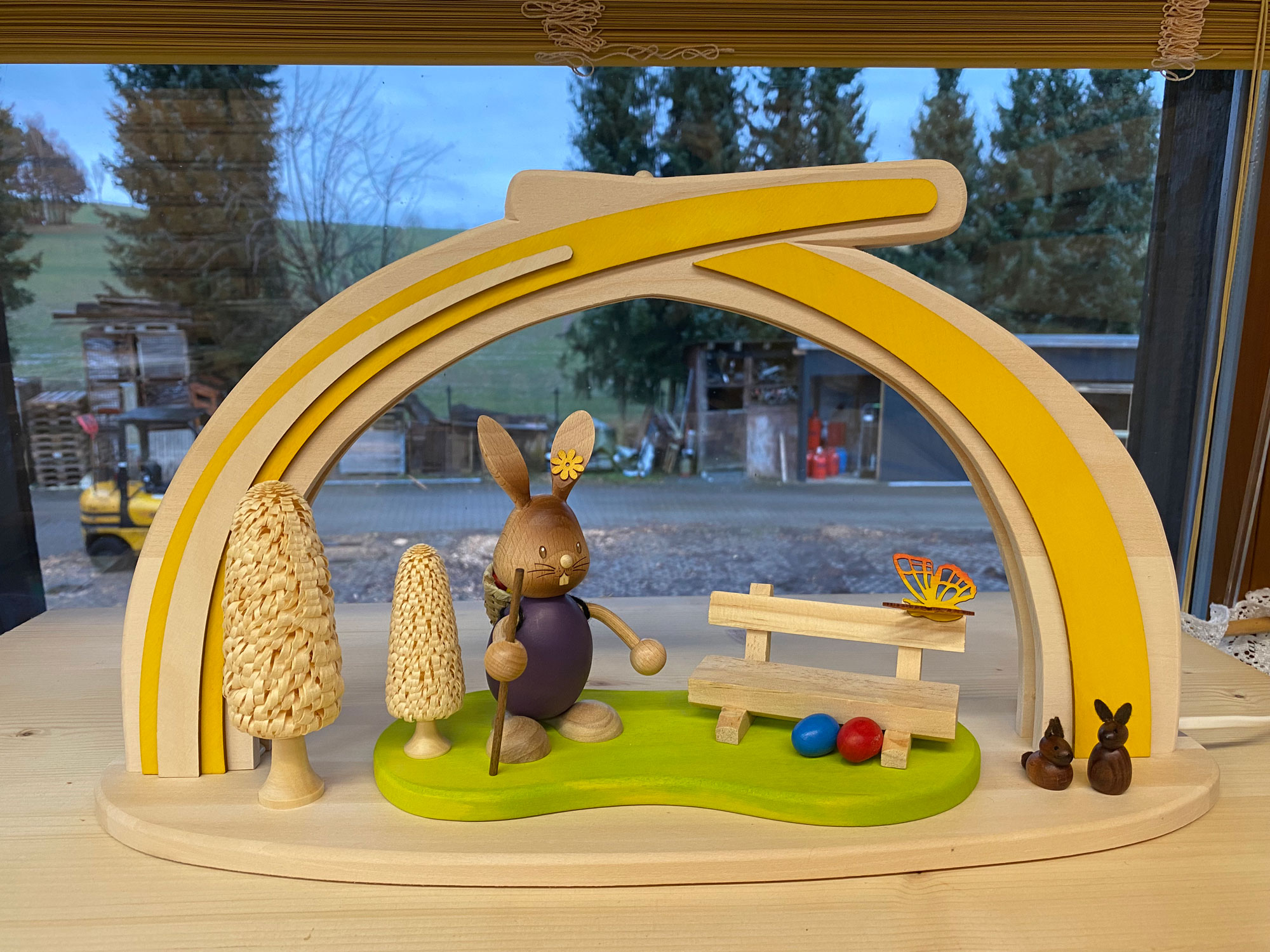 Solid wood Easter arch, Stupsi with bench, yellow, LED strip, half USB