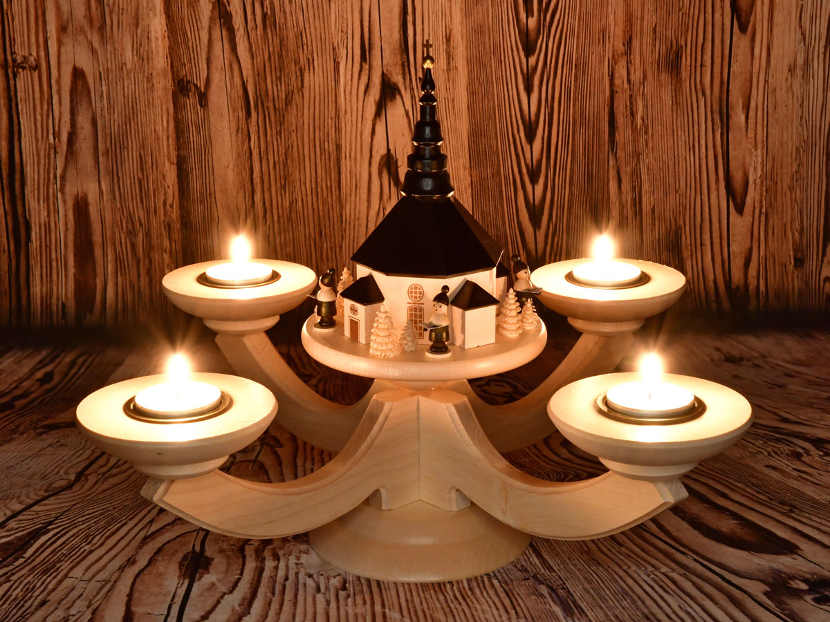 Four-arm Advent candlestick, natural, Seiffen solid wood candlestick, 4 tea lights