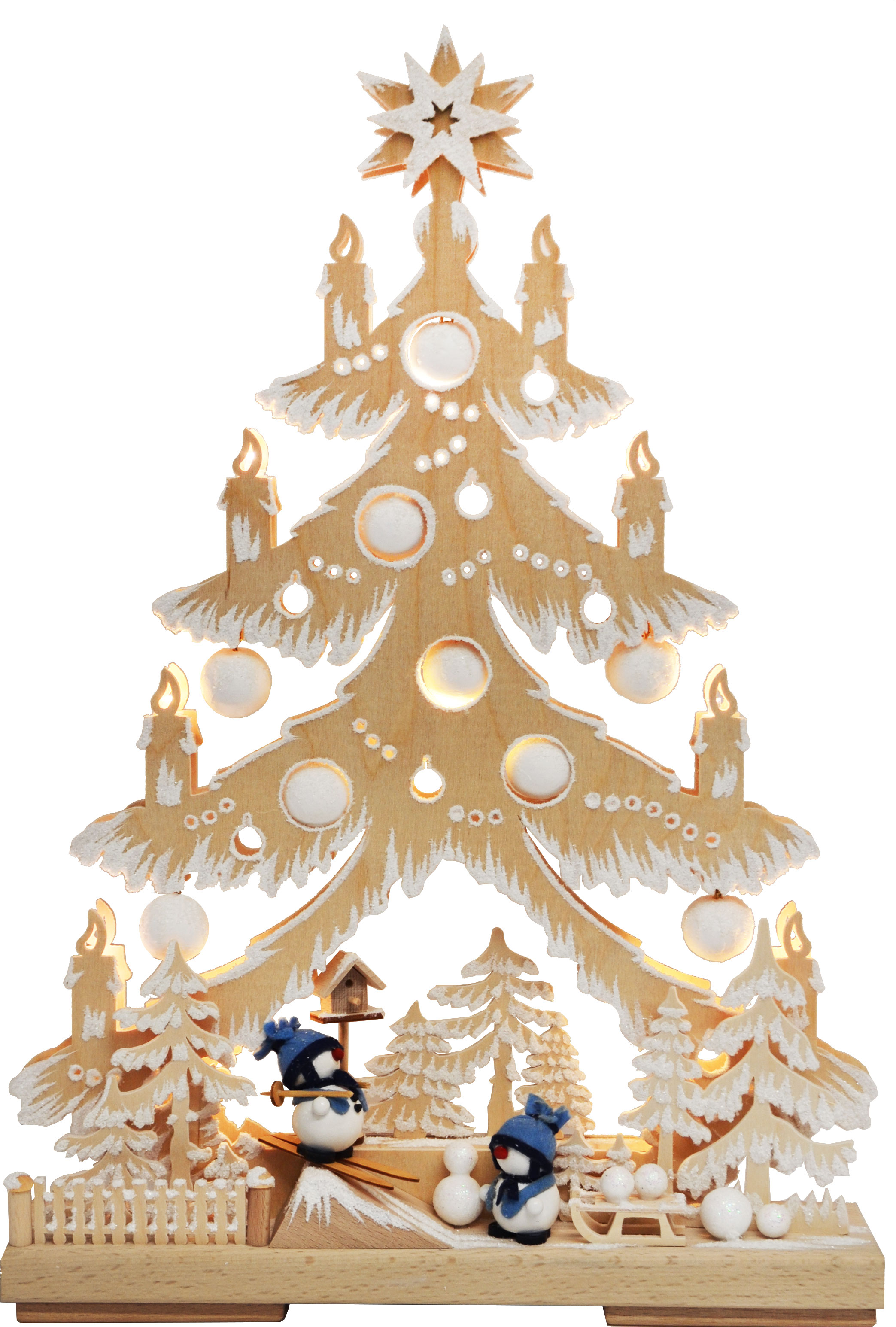 Small fir tree, snowmen with blue hats, natural, hoarfrost