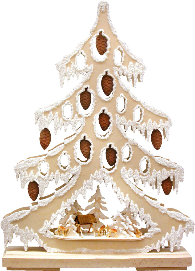 Small fir tree, 10 carved cones, mini nativity scene, hoarfrost