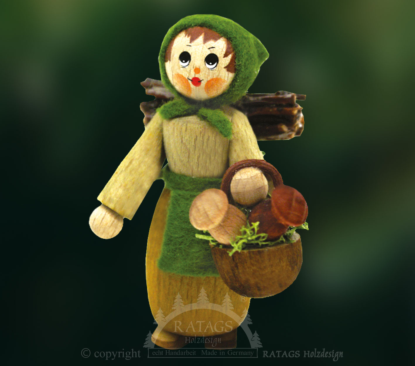 Figurine, femme des bois avec champignons et brindilles, verte