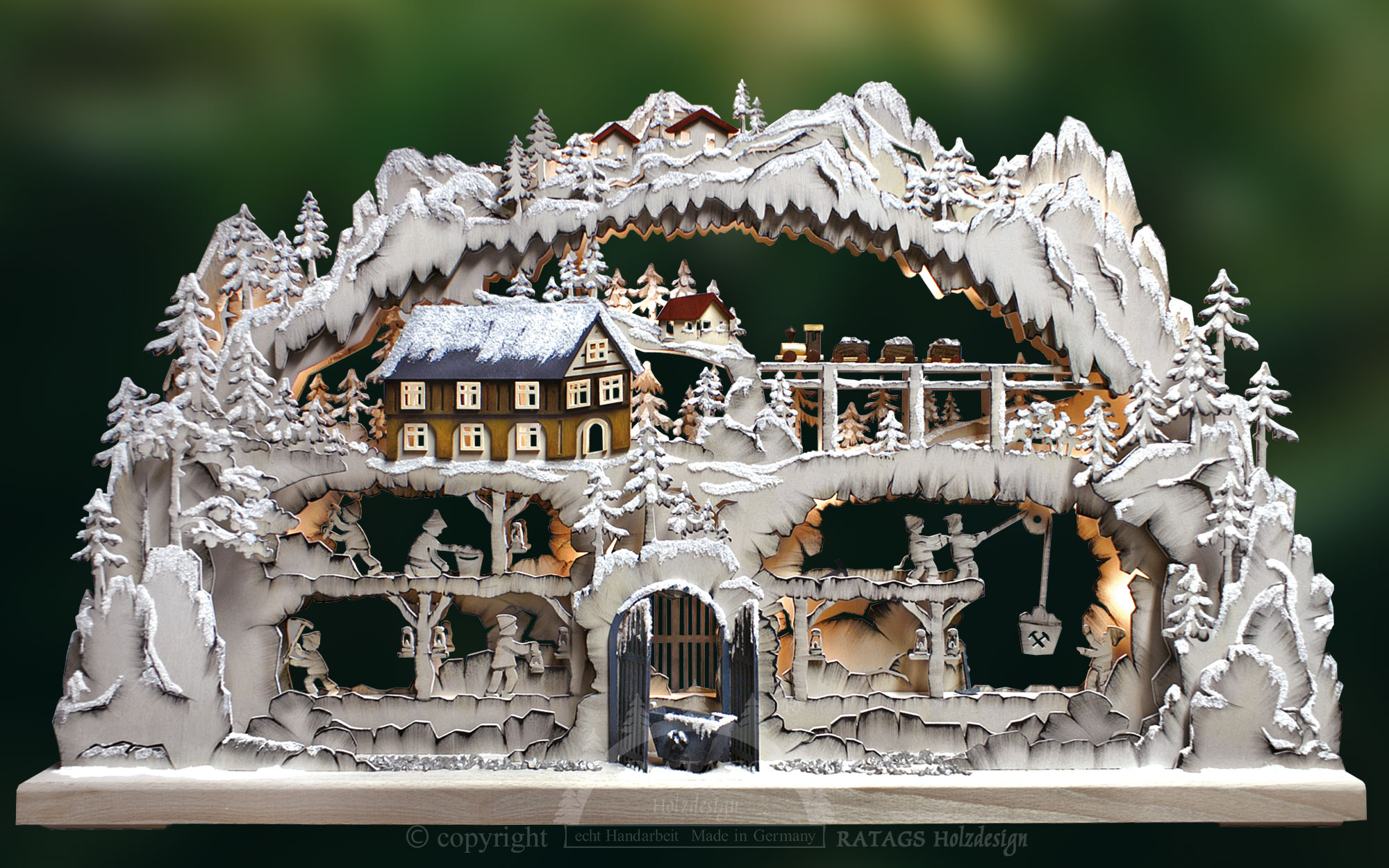 Large 3D Schwibbogen, mining, hand-painted grey, hoarfrost