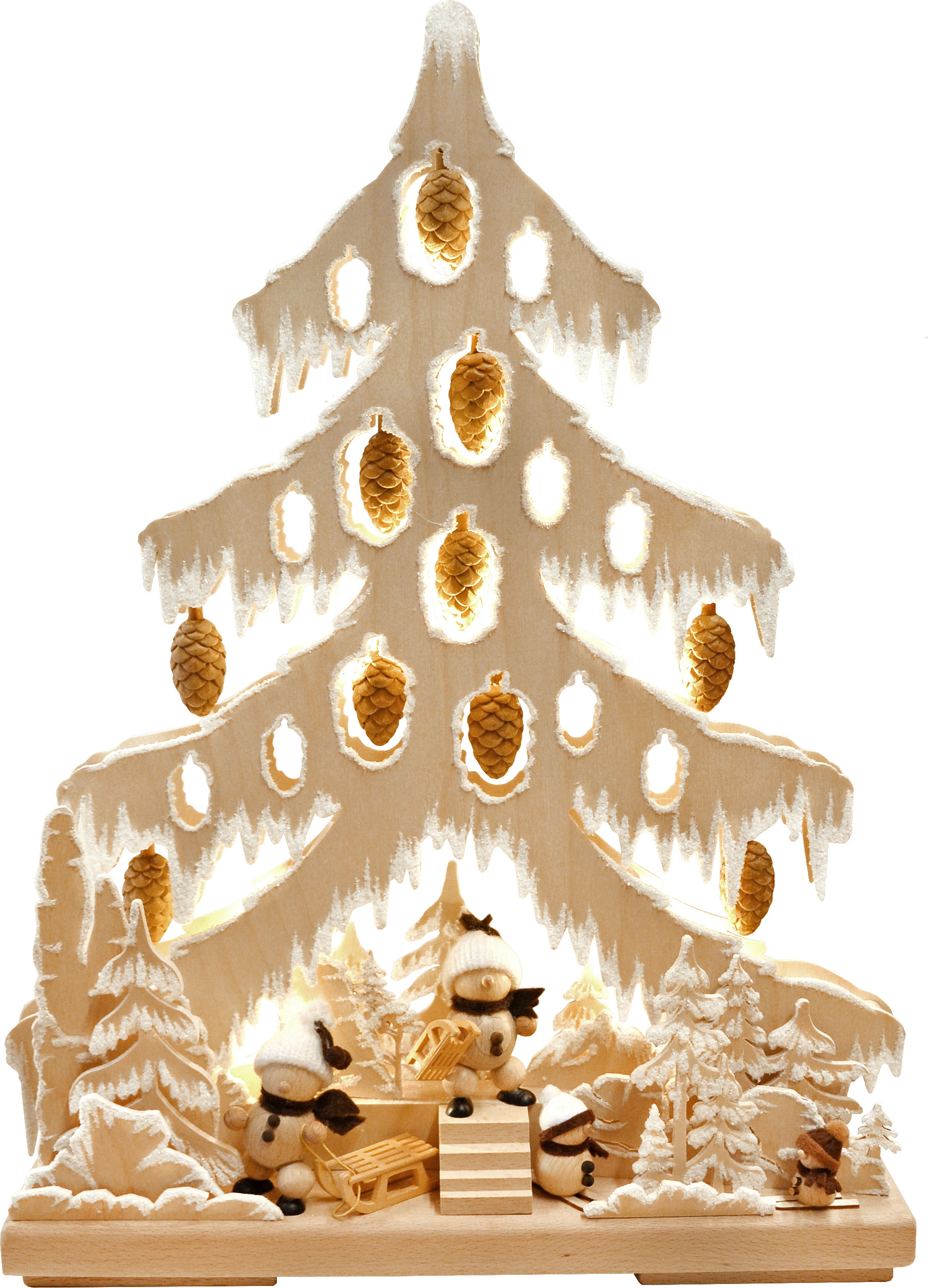 Small fir tree, snowballs, hoarfrost, carved cones