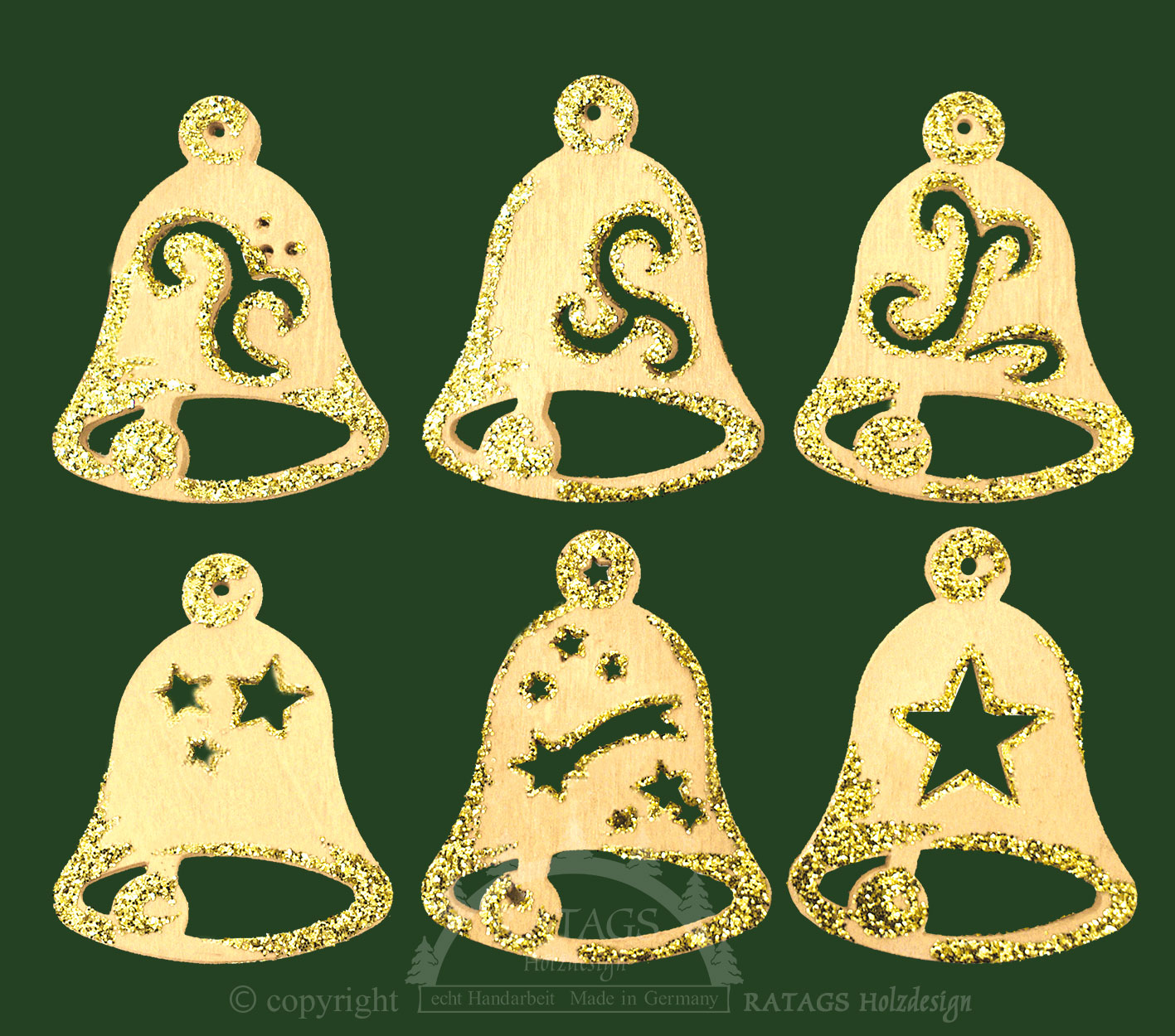 Baumbehang, 6er Set, Glocken, natur-gold Baumbehang, 6er Set, Glocken, natur-gold