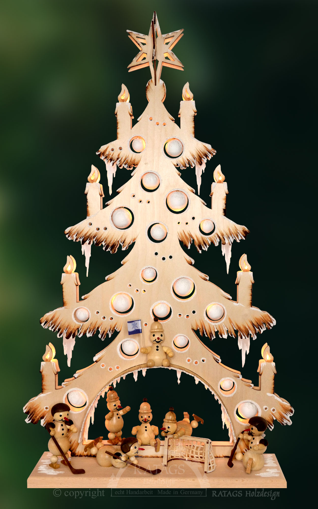 Large fir tree, snowman hockey, hand-painted brown, hoarfrost