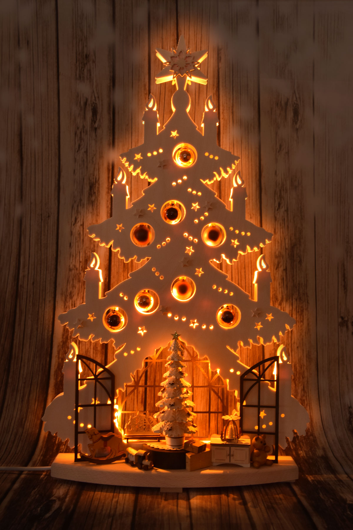 Large fir tree, Christmas parlour with baubles, copper, shiny