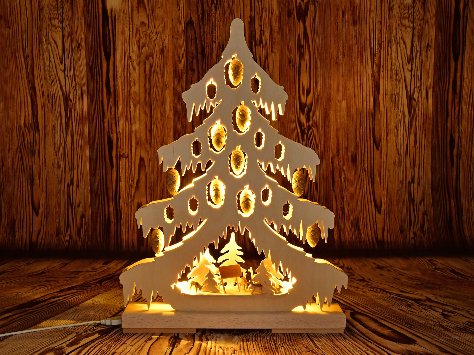 Small fir tree, carved cones, mini nativity scene, USB