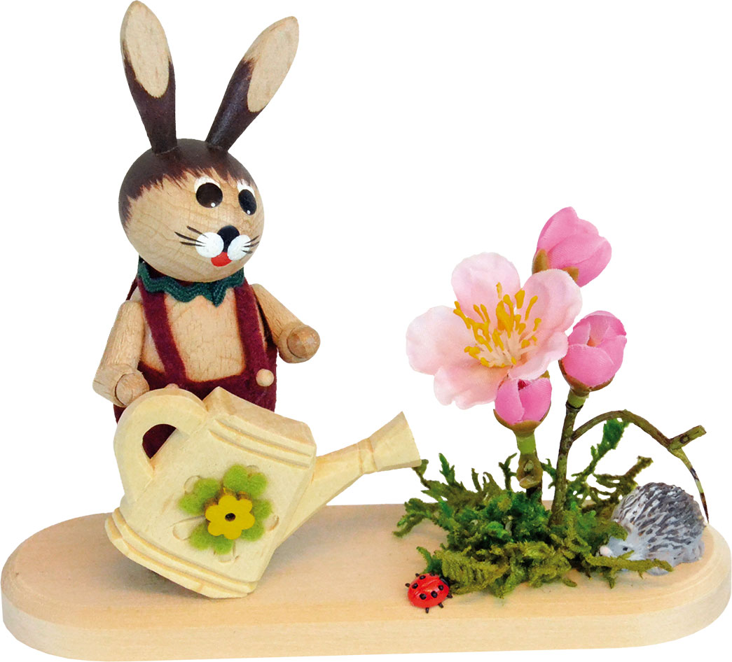 Rabbit meadow with bunnies and watering can