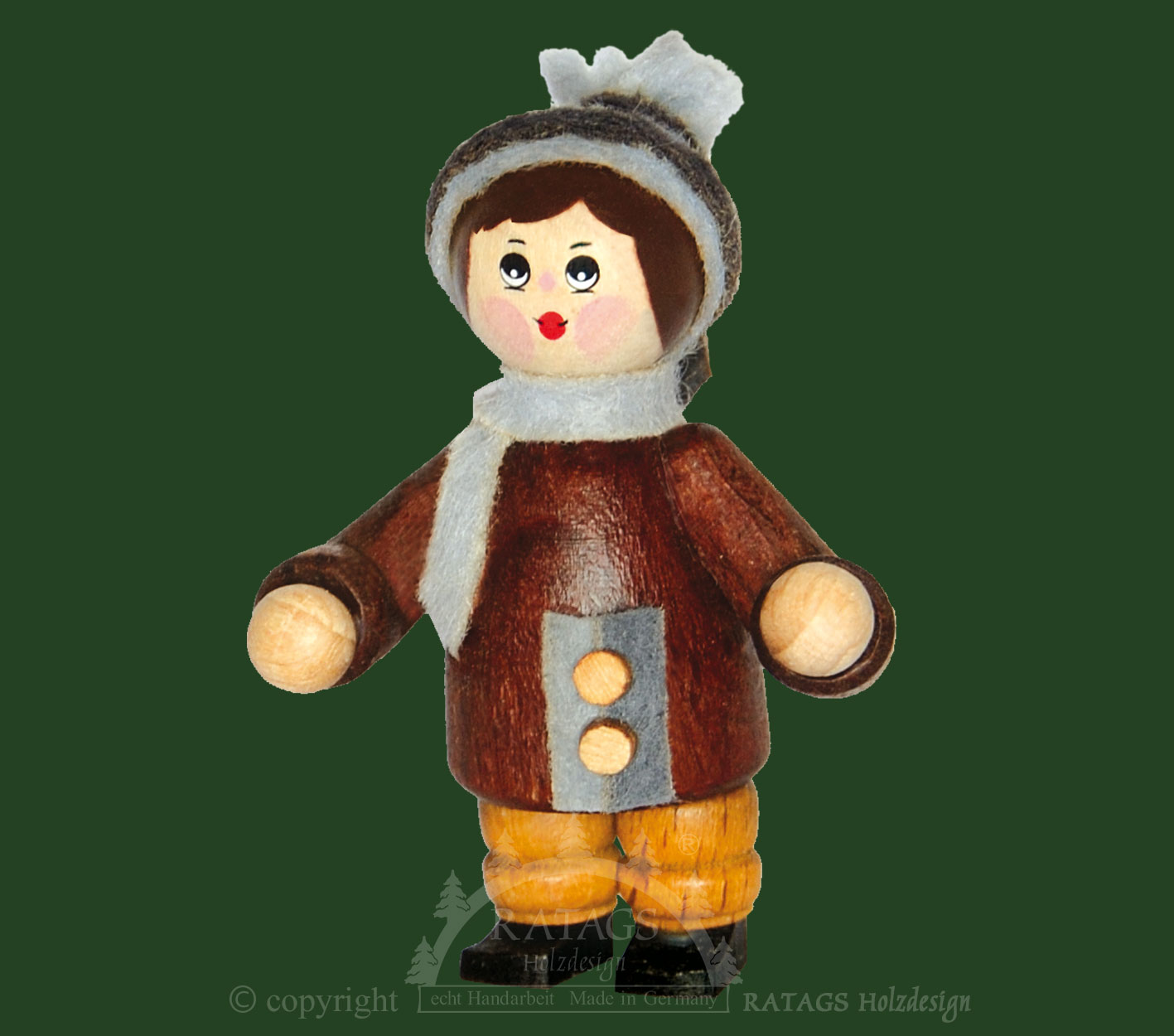 Figur, winkender Junge, baumgrün, mahagoni