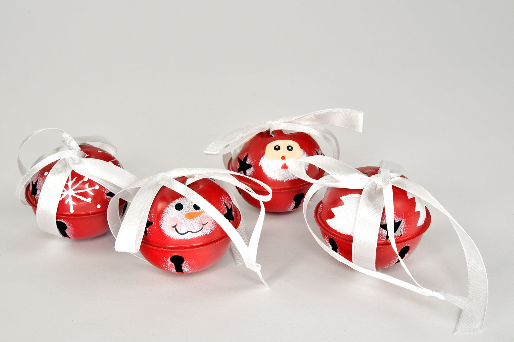 Christmas baubles, red bells, metal, with bow