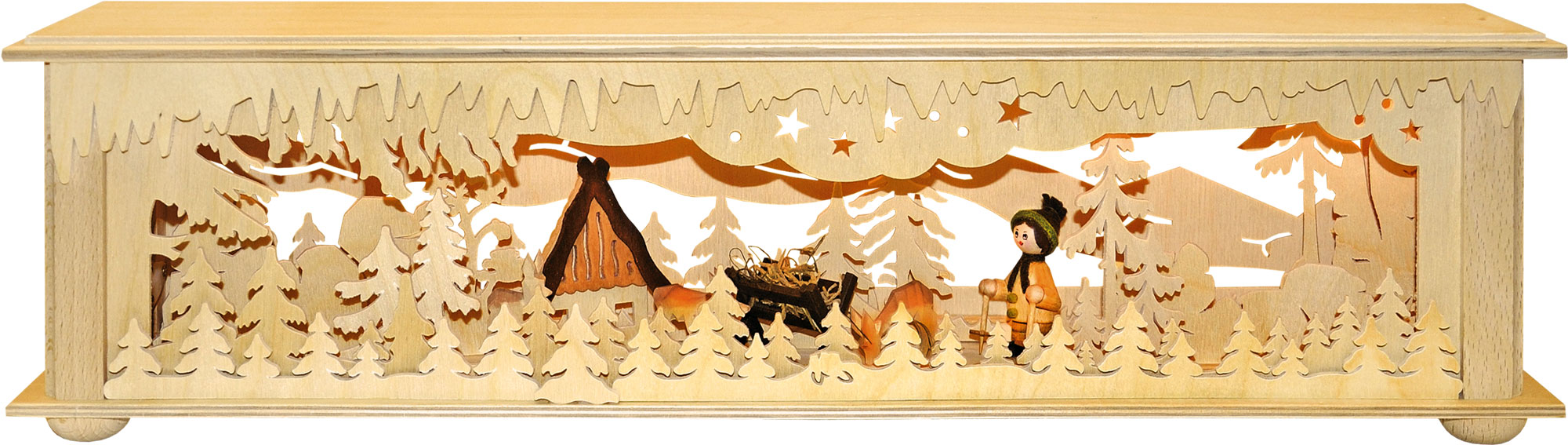 Luminária pequena, casinha, comedouro, veados esculpidos, criança de inverno