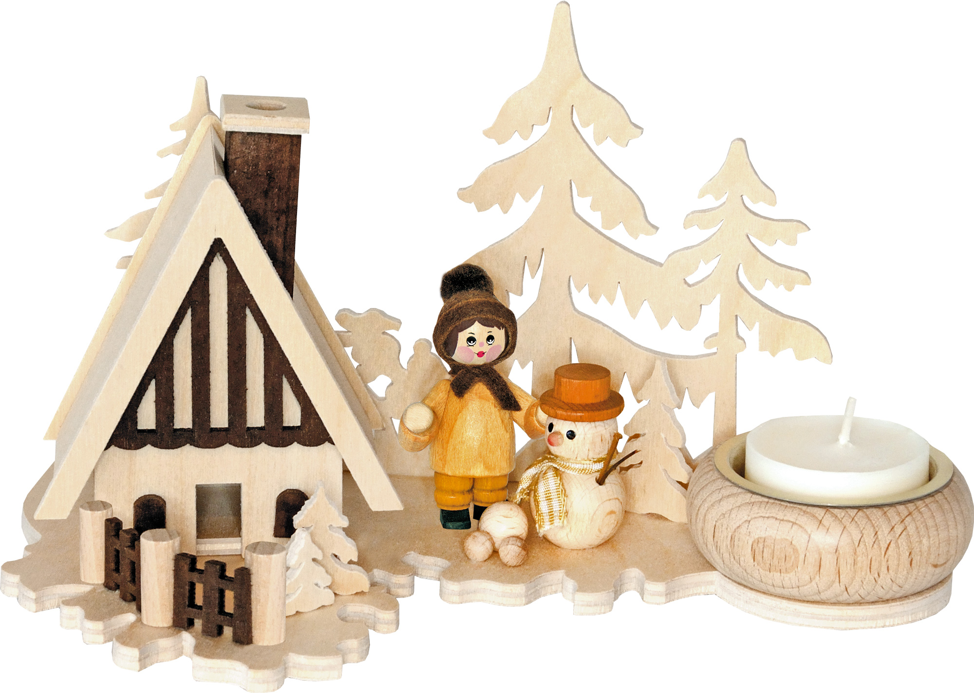 Teelichthalter mit Räucherhaus, Winterkind, Schneemann