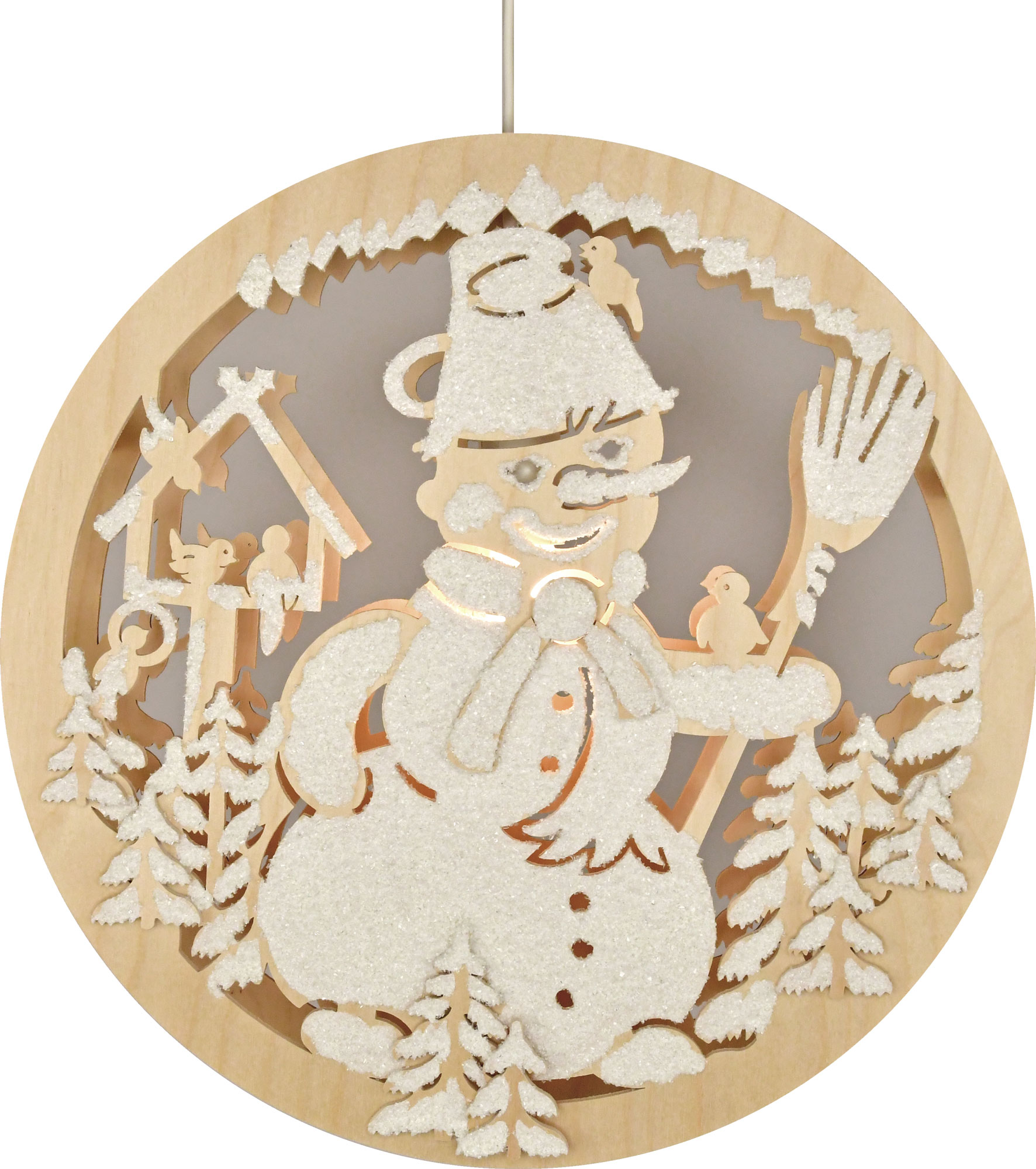 Fensterbild, beleuchtet, Schneemann, Raureif