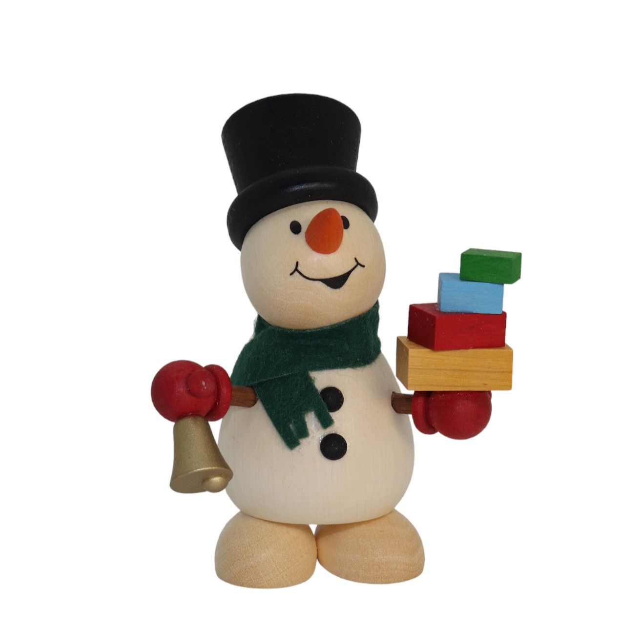 Schneemann mit Geschenken und Glocke