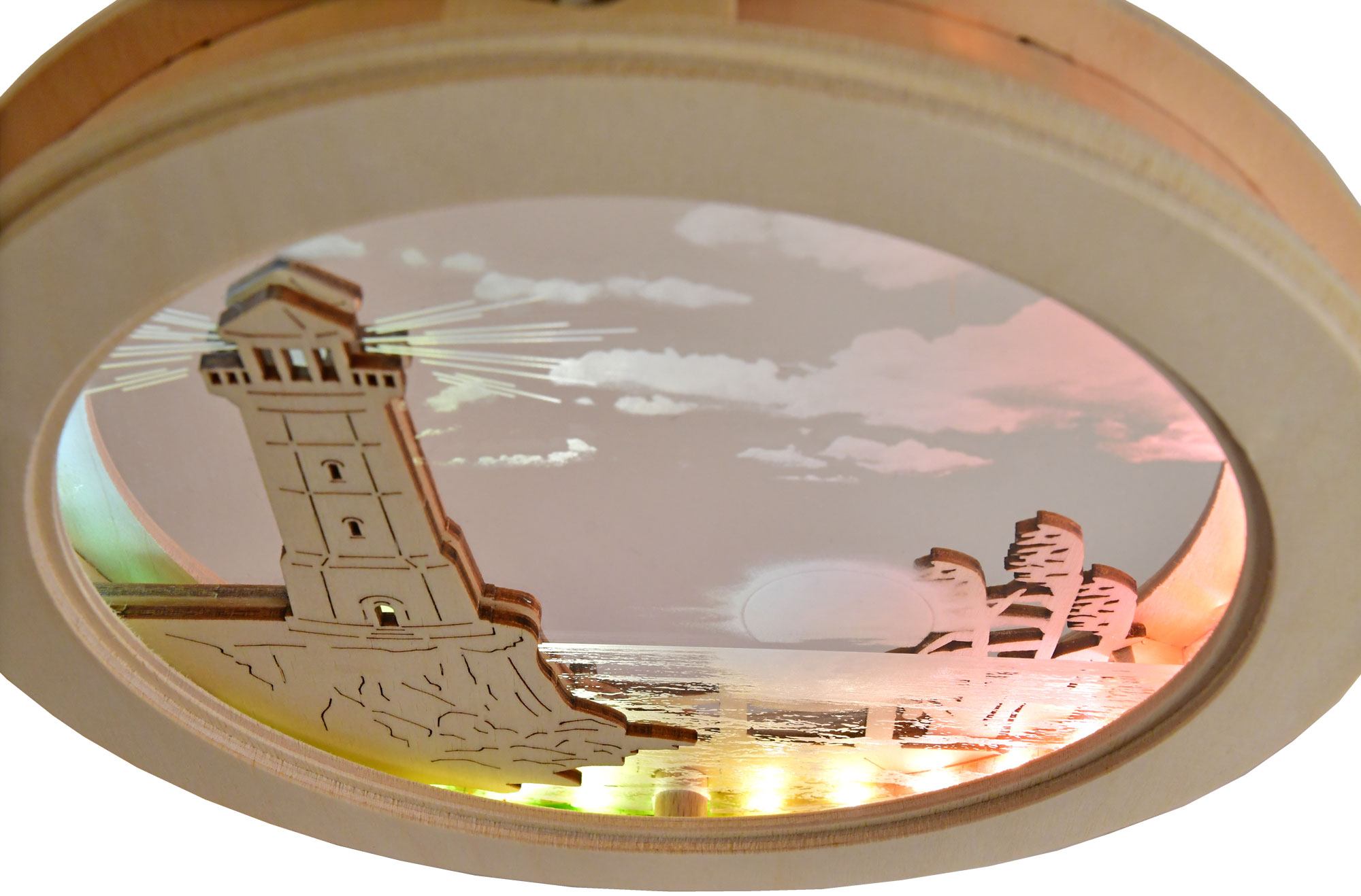 Window picture coast with lighthouse, Plexi LED strip, 3 colours