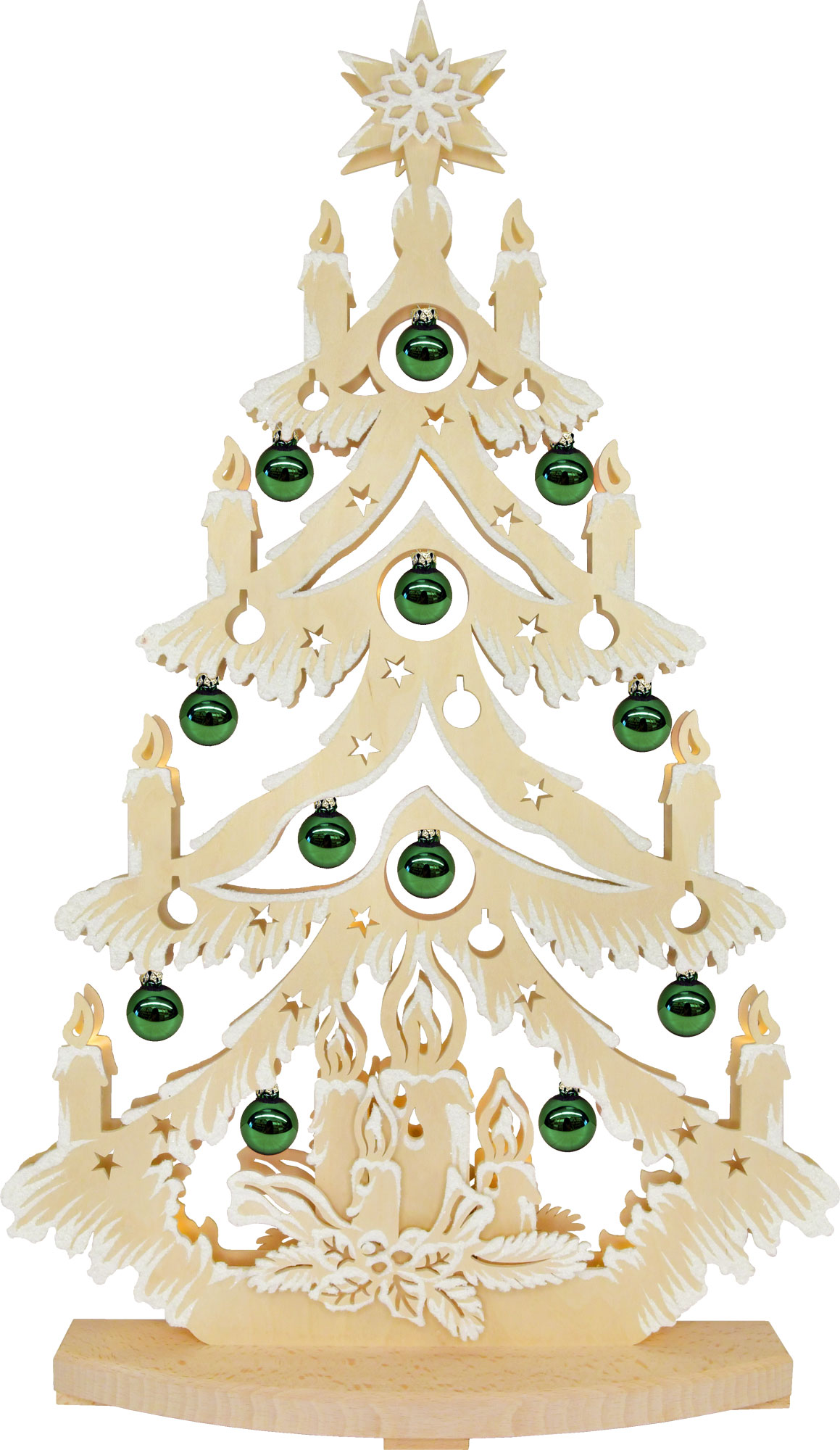 Large fir tree, tree baubles, red+green, shiny, hoarfrost