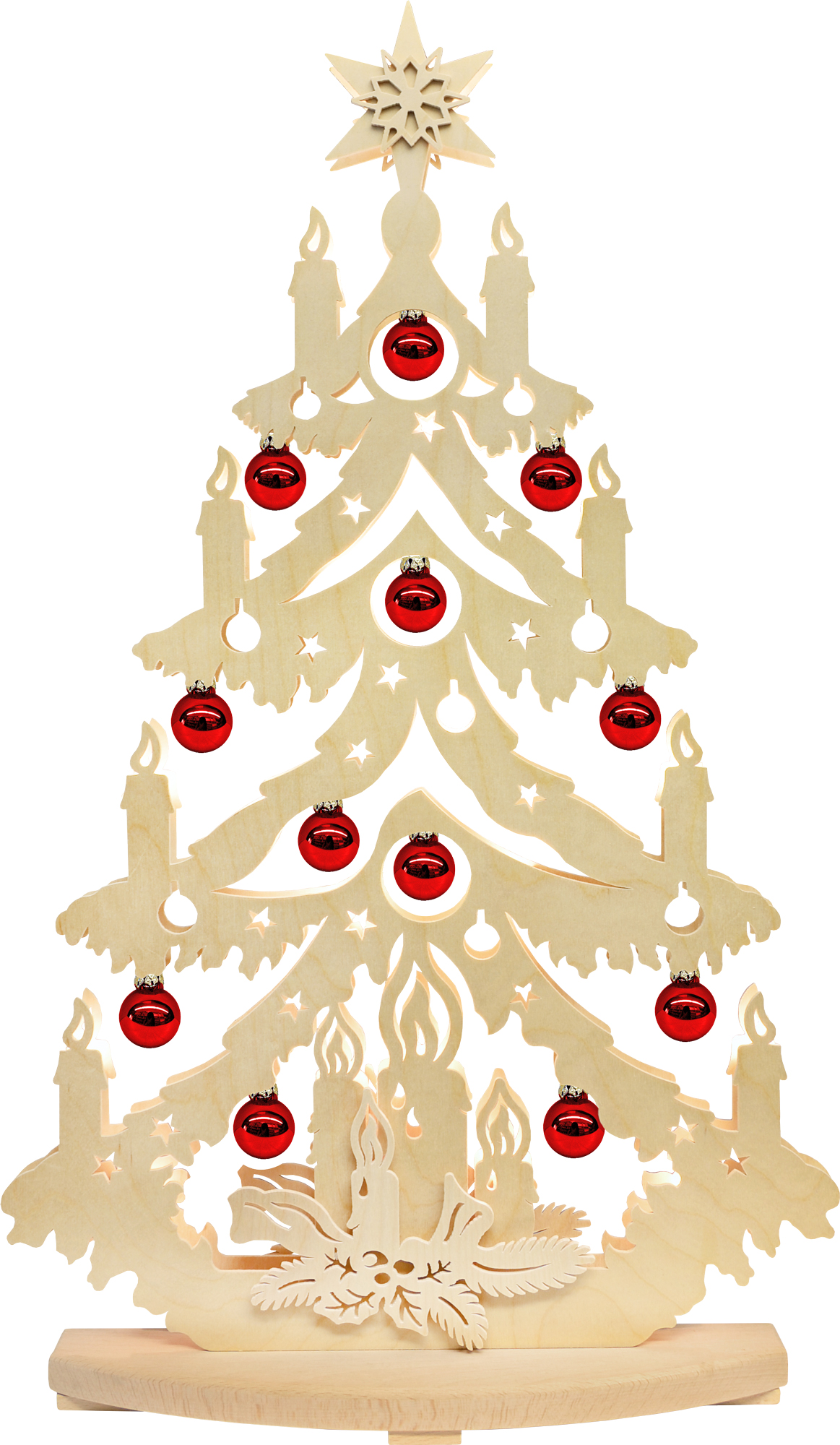 Large fir tree, tree baubles, red