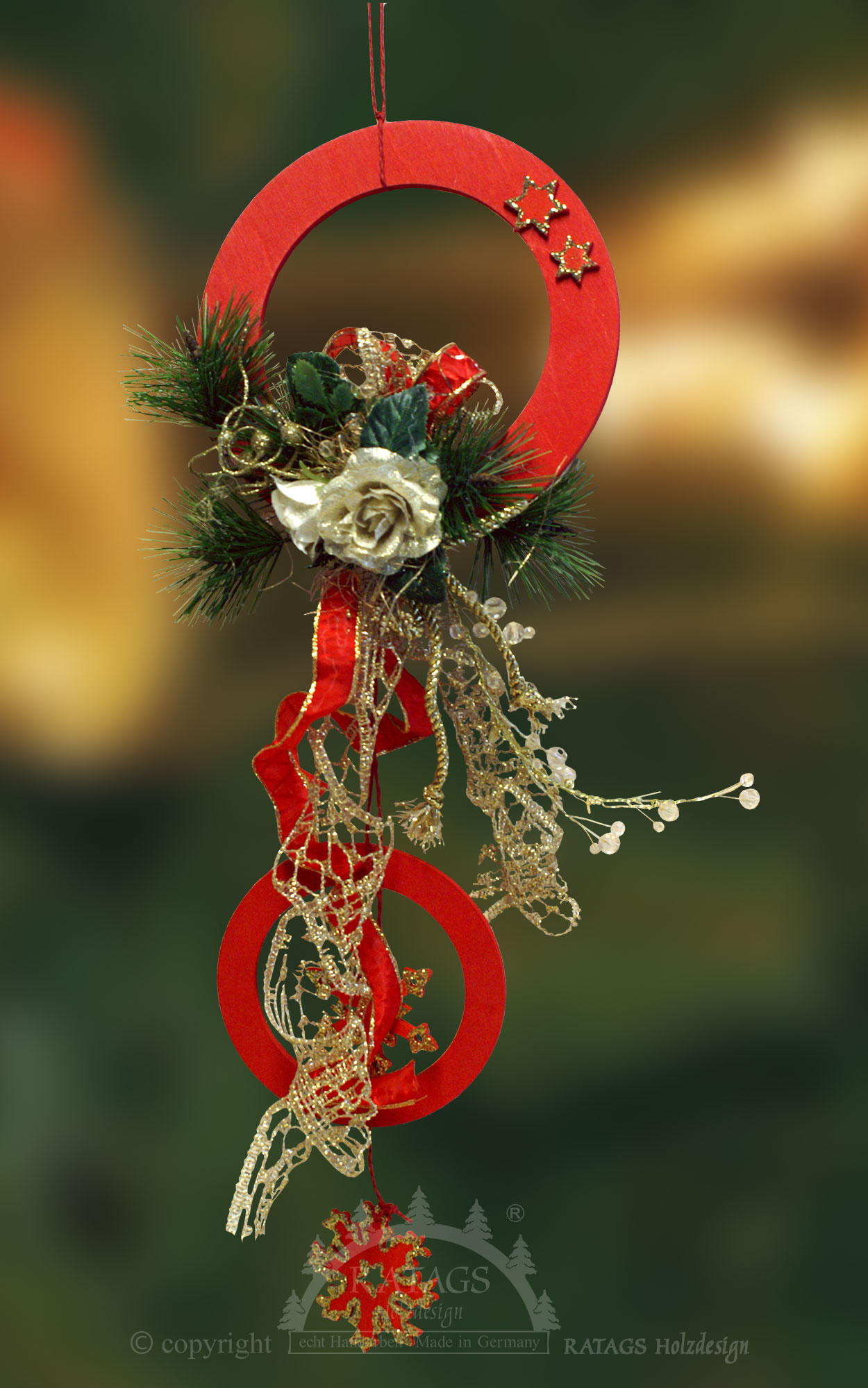 Window decorations, red rings, red and gold bells decorated with flowers