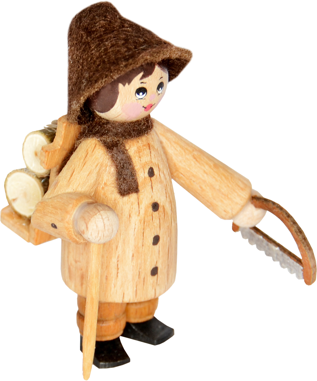 Figur, Waldarbeiter, Holzkiepe, Stock, Säge, braune Mütze