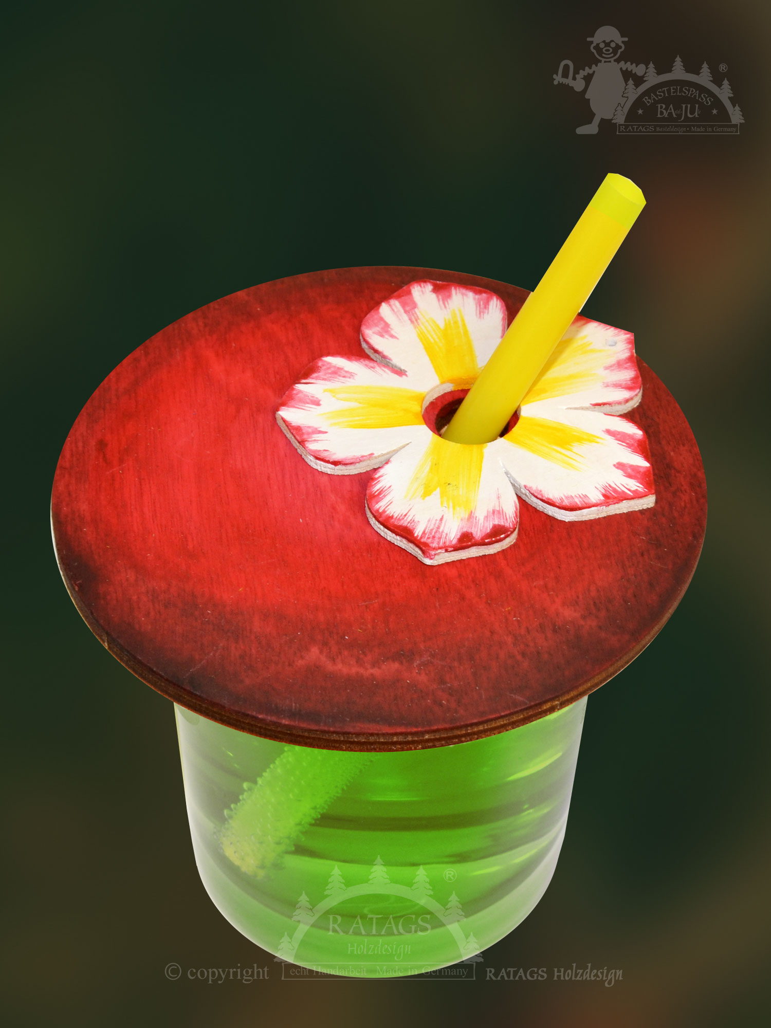 Drink cover, round, red, flower motif