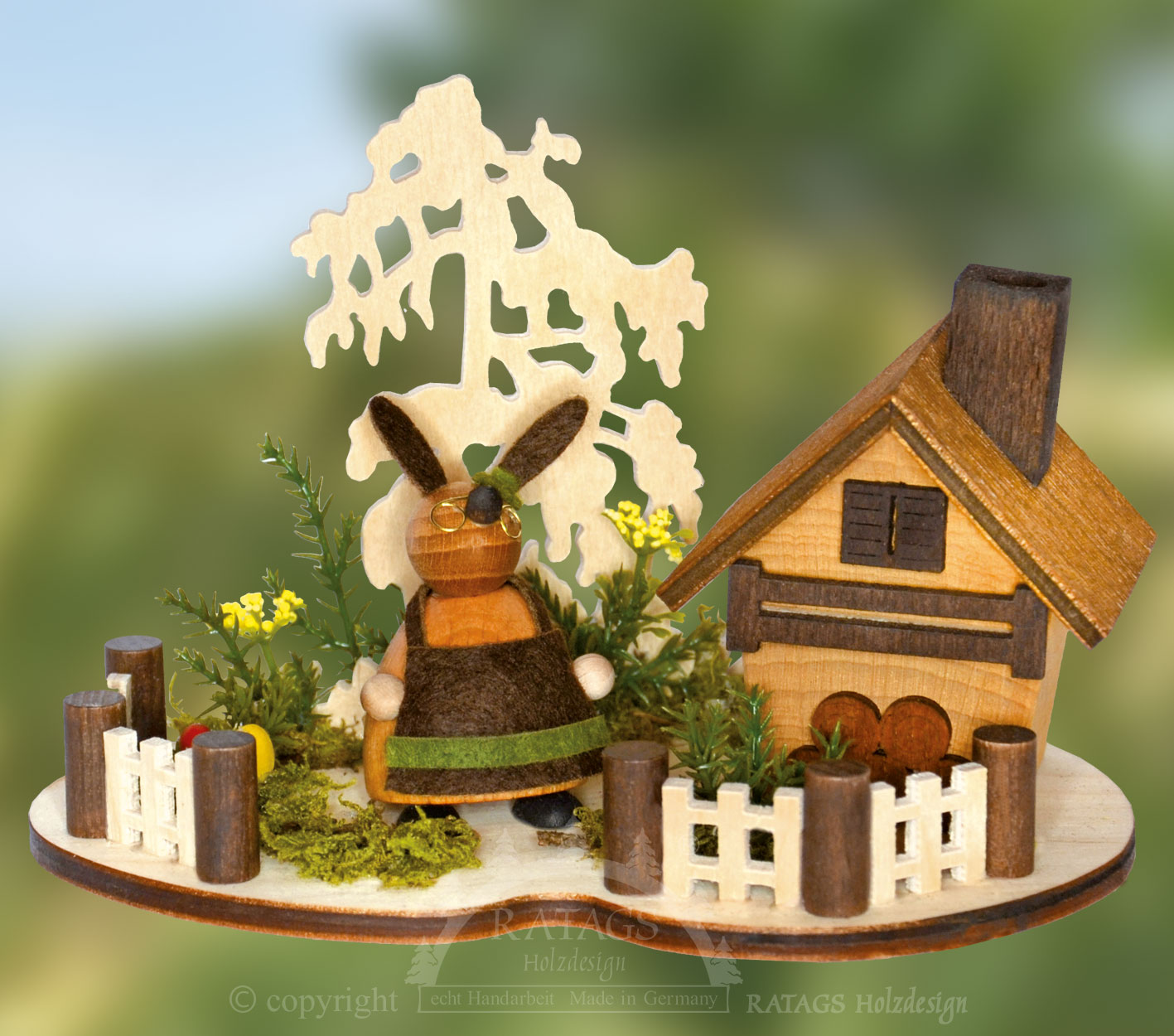 Tafeldecoratie, konijntjes bij het huisje, wierookfunctie