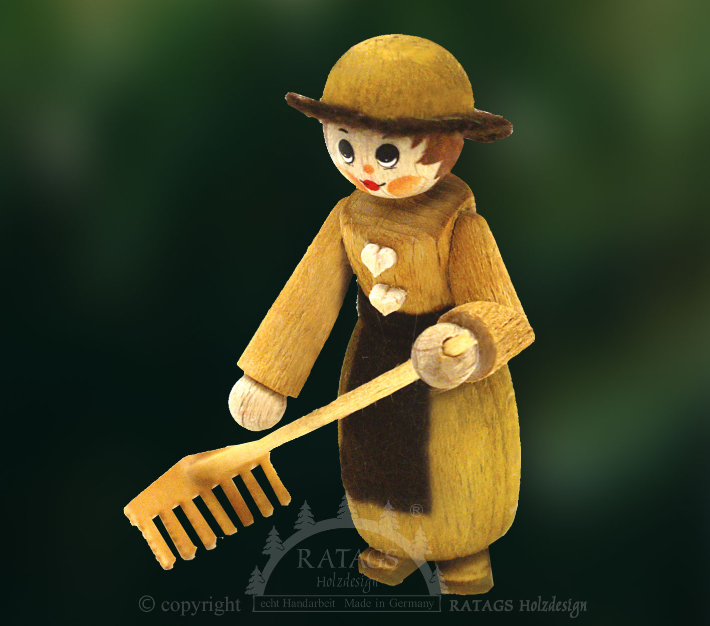 Figur, Bäuerin mit Rechen, goldteak, eiche Figur, Bäuerin mit Rechen, goldteak, eiche