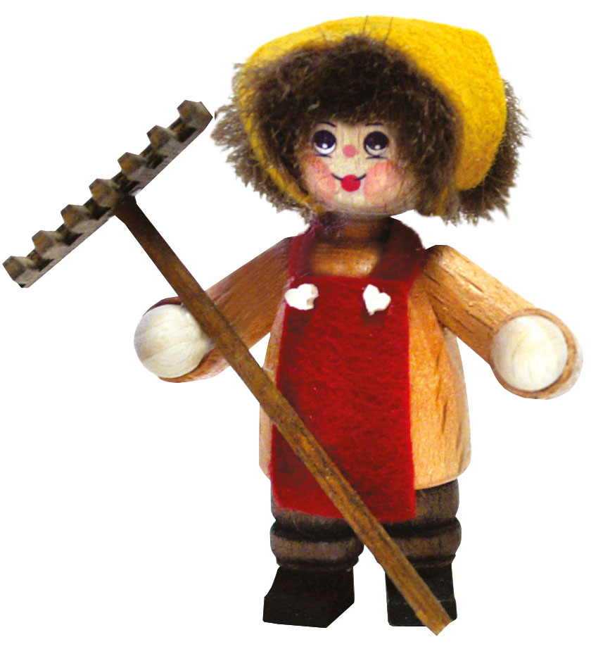 Figure, child with rake and headscarf, rosewood