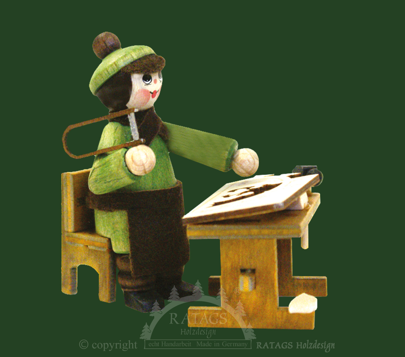 Figur, lysbue-bygger med bord, æblegrøn